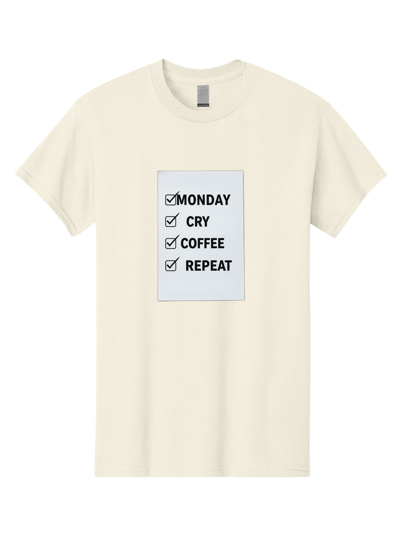 Monday-Cry-Coffee-Repeat-1 Men'S Graphic Tee, 100% Cotton, Comfortable Casual Summer Wear, Machine Washable, Monday Motivation, Funny To-Do List, Coffee Humor, Monday Blues, Office Humor, Work Life Balance, Morning Routine, Coffee Break Bae514