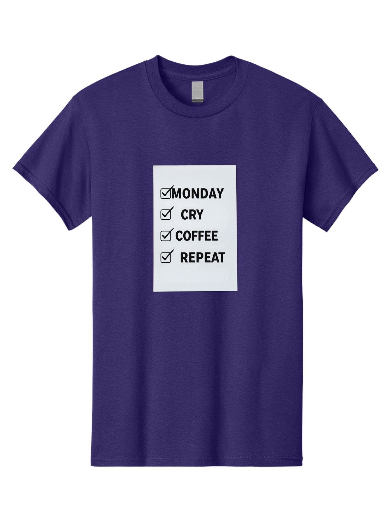 Monday-Cry-Coffee-Repeat-1 Men'S Graphic Tee, 100% Cotton, Comfortable Casual Summer Wear, Machine Washable, Monday Motivation, Funny To-Do List, Coffee Humor, Monday Blues, Office Humor, Work Life Balance, Morning Routine, Coffee Break Bae514