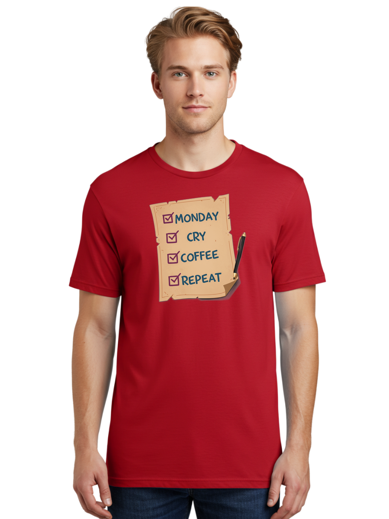 Monday-Cry-Coffee-Repeat-3 Men'S Graphic Tee, 100% Cotton, Comfortable Casual Summer Wear, Machine Washable, Humorous To-Do List, Monday Motivation, Coffee Humor, Funny Office Quotes, Relatable Workspace, Quirky Stationery, Bae516 25