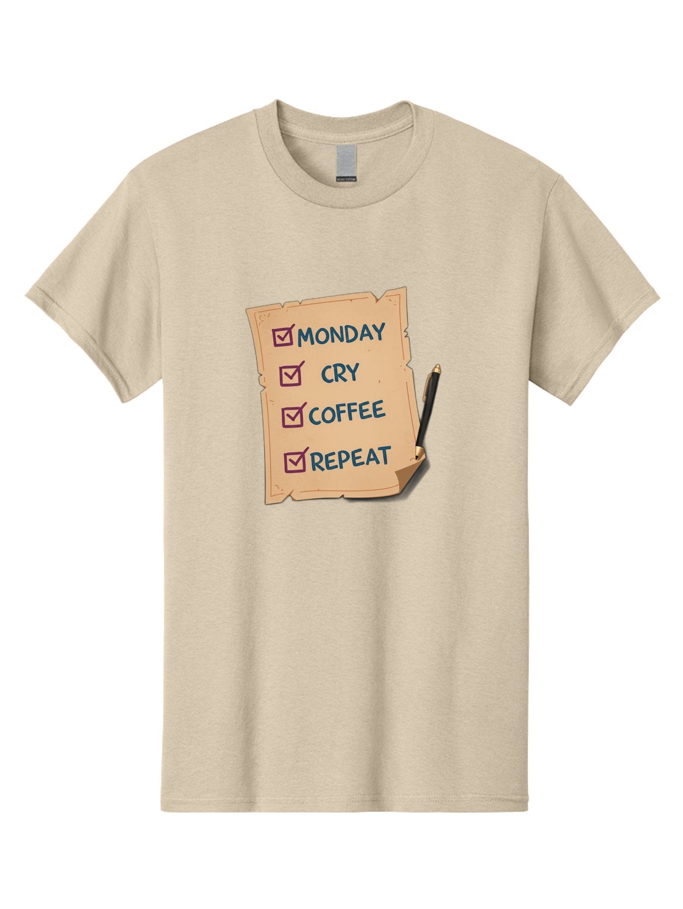 Monday-Cry-Coffee-Repeat-3 Men'S Graphic Tee, 100% Cotton, Comfortable Casual Summer Wear, Machine Washable, Humorous To-Do List, Monday Motivation, Coffee Humor, Funny Office Quotes, Relatable Workspace, Quirky Stationery, Bae516 3