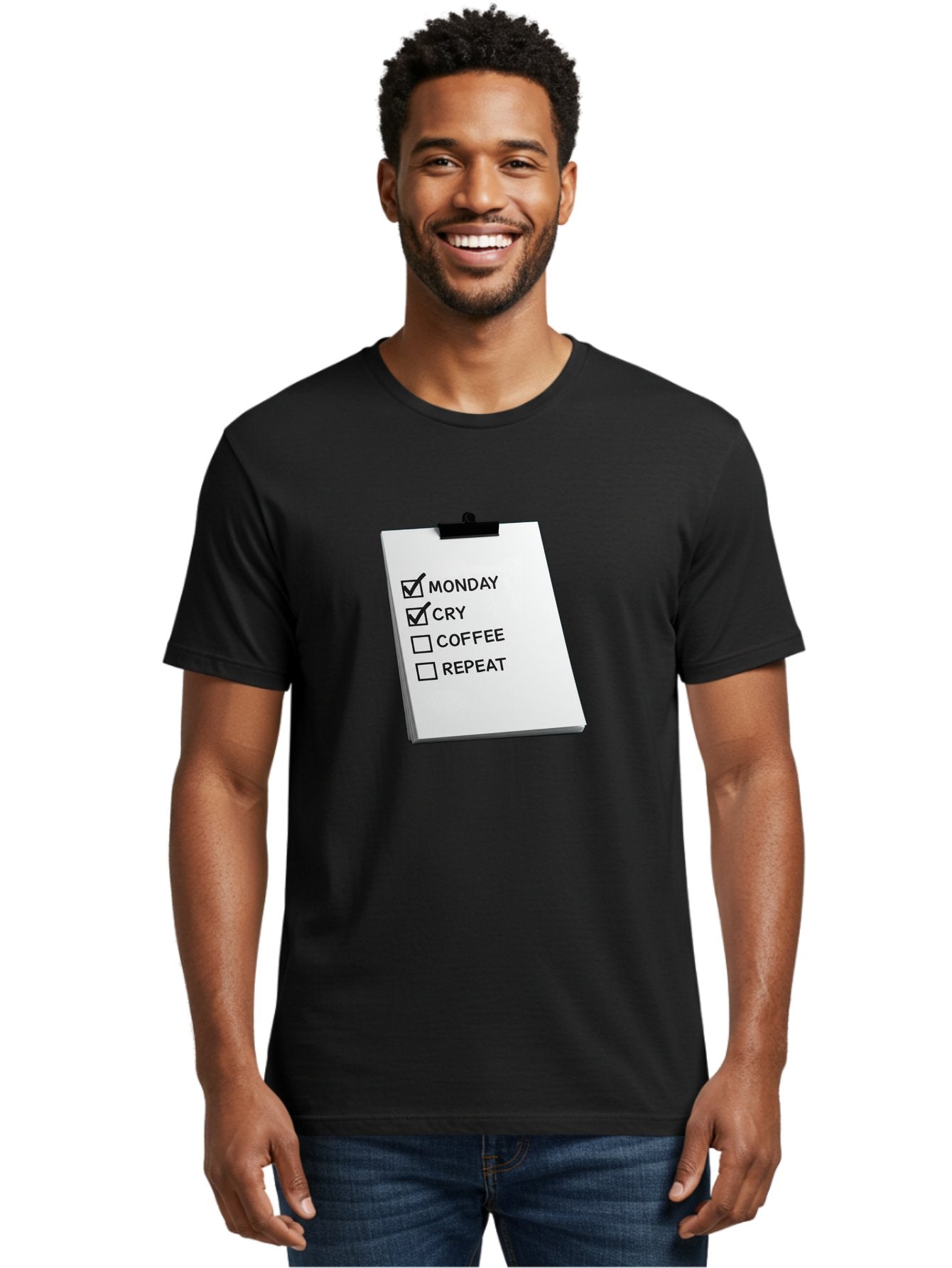 Monday-Cry-Coffee-Repeat Men'S Graphic Tee, 100% Cotton, Comfortable Casual Summer Wear, Machine Washable, To-Do List, Monday Blues, Cry, Coffee Break, Repeat Cycle, Humor, Relatable, Checklist, Productivity, Morning Routine, Motivation Bae517 24