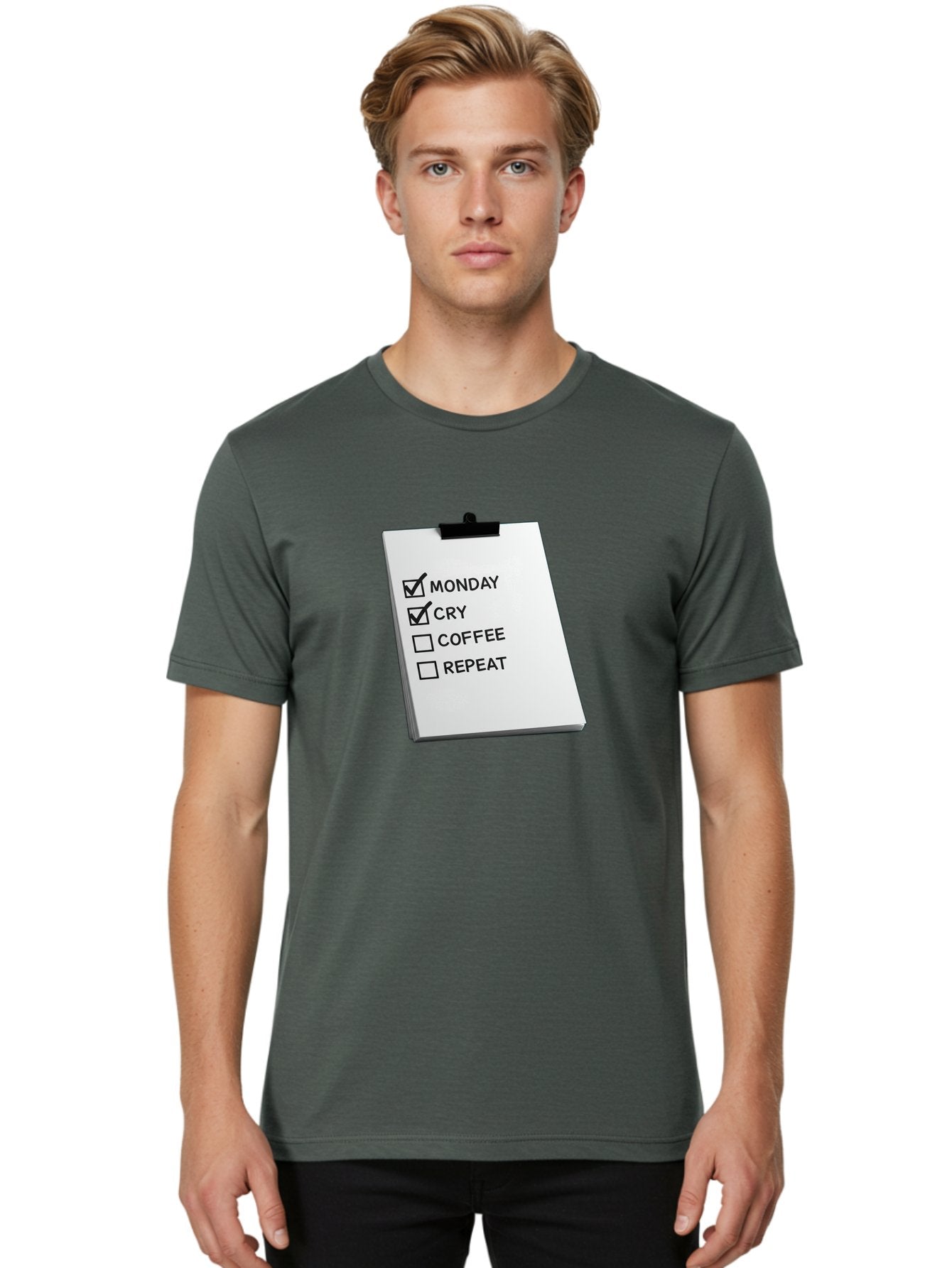 Monday-Cry-Coffee-Repeat Men'S Graphic Tee, 100% Cotton, Comfortable Casual Summer Wear, Machine Washable, To-Do List, Monday Blues, Cry, Coffee Break, Repeat Cycle, Humor, Relatable, Checklist, Productivity, Morning Routine, Motivation Bae517 19