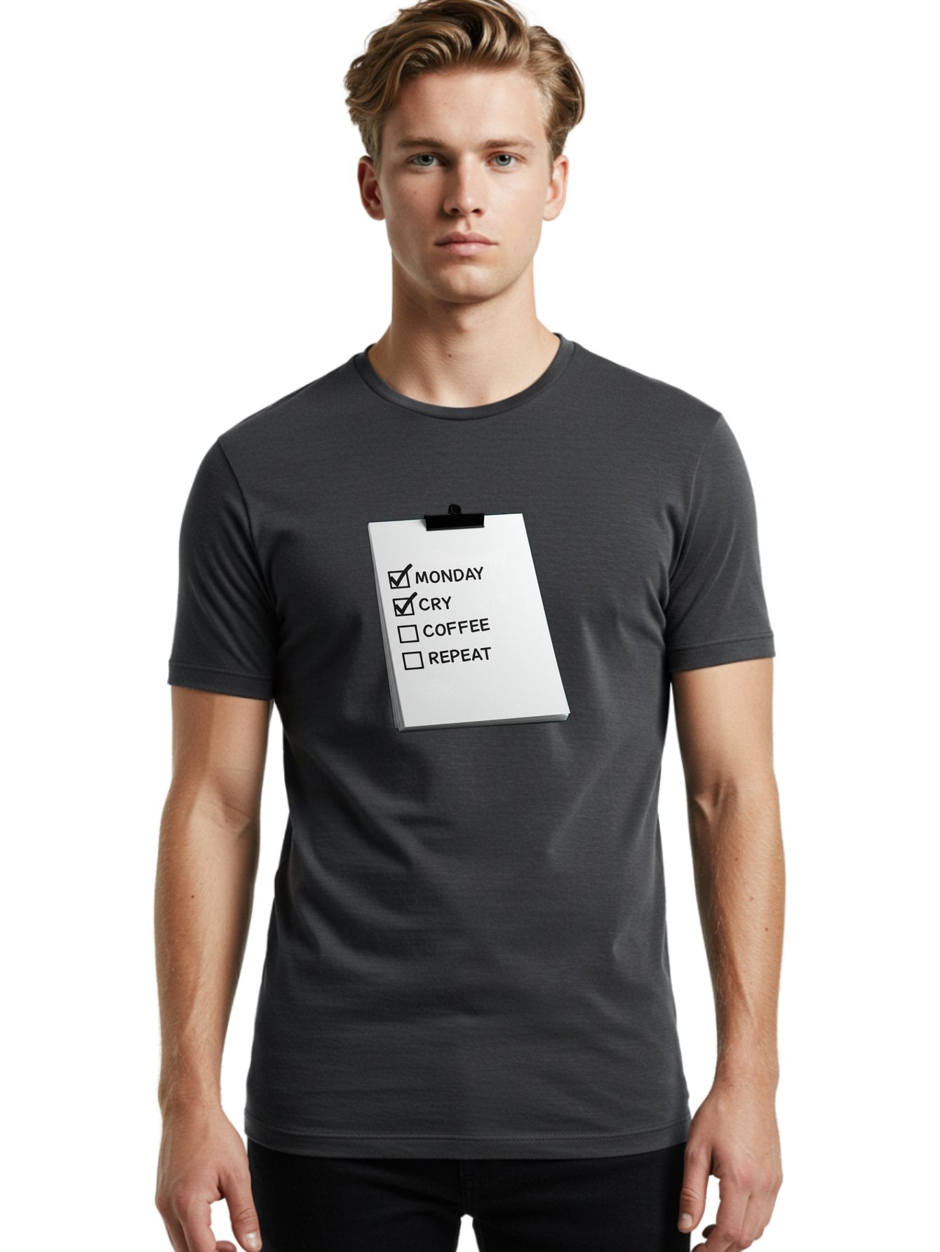 Monday-Cry-Coffee-Repeat Men'S Graphic Tee, 100% Cotton, Comfortable Casual Summer Wear, Machine Washable, To-Do List, Monday Blues, Cry, Coffee Break, Repeat Cycle, Humor, Relatable, Checklist, Productivity, Morning Routine, Motivation Bae517 17
