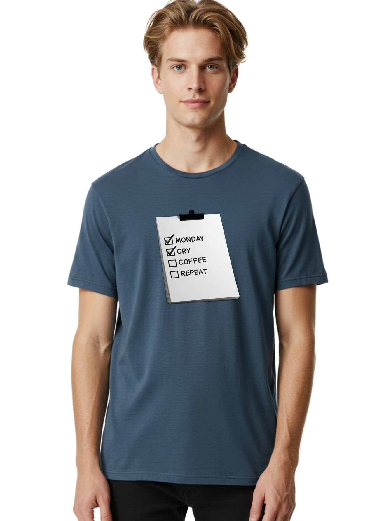 Monday-Cry-Coffee-Repeat Men'S Graphic Tee, 100% Cotton, Comfortable Casual Summer Wear, Machine Washable, To-Do List, Monday Blues, Cry, Coffee Break, Repeat Cycle, Humor, Relatable, Checklist, Productivity, Morning Routine, Motivation Bae517 28