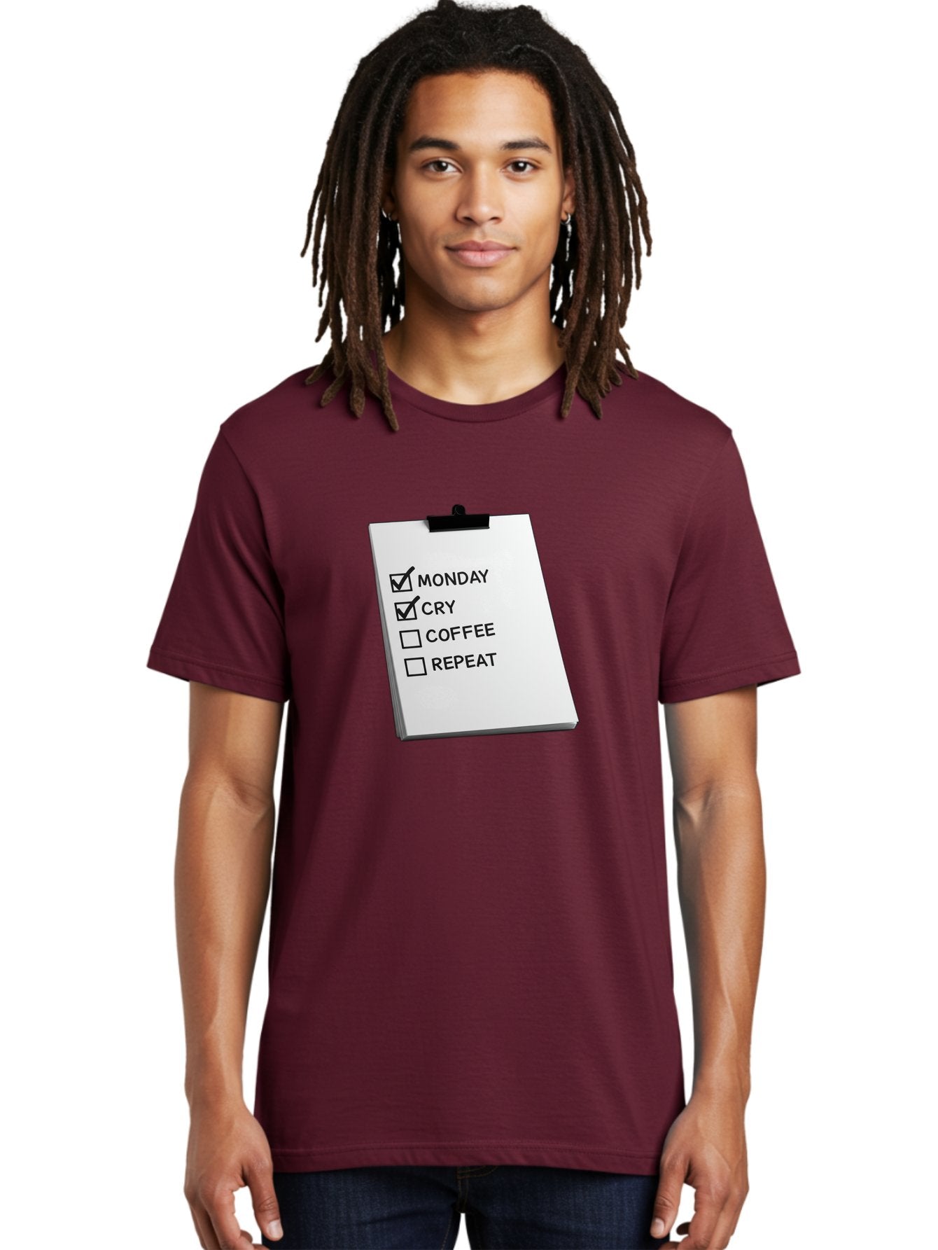Monday-Cry-Coffee-Repeat Men'S Graphic Tee, 100% Cotton, Comfortable Casual Summer Wear, Machine Washable, To-Do List, Monday Blues, Cry, Coffee Break, Repeat Cycle, Humor, Relatable, Checklist, Productivity, Morning Routine, Motivation Bae517 30