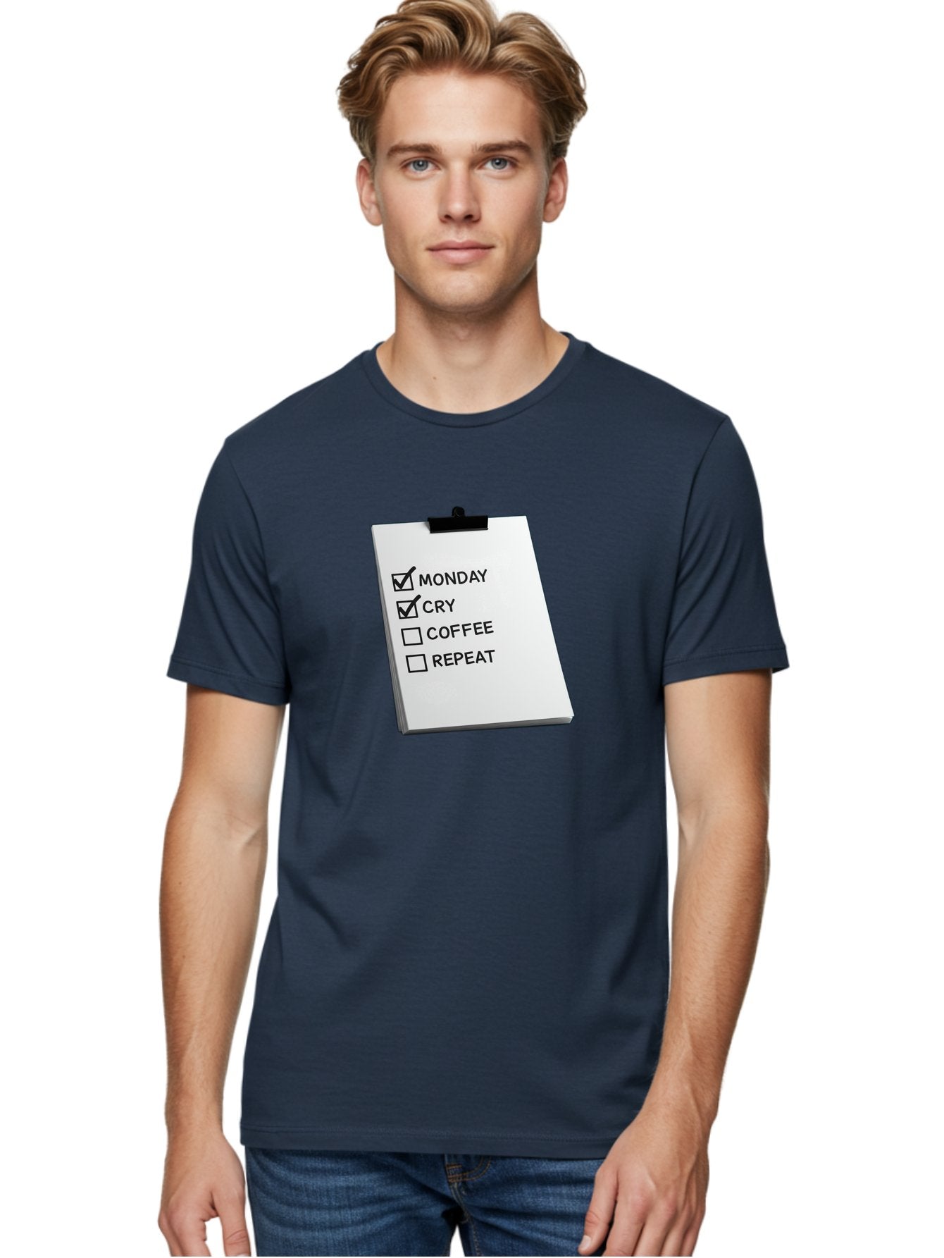 Monday-Cry-Coffee-Repeat Men'S Graphic Tee, 100% Cotton, Comfortable Casual Summer Wear, Machine Washable, To-Do List, Monday Blues, Cry, Coffee Break, Repeat Cycle, Humor, Relatable, Checklist, Productivity, Morning Routine, Motivation Bae517 26