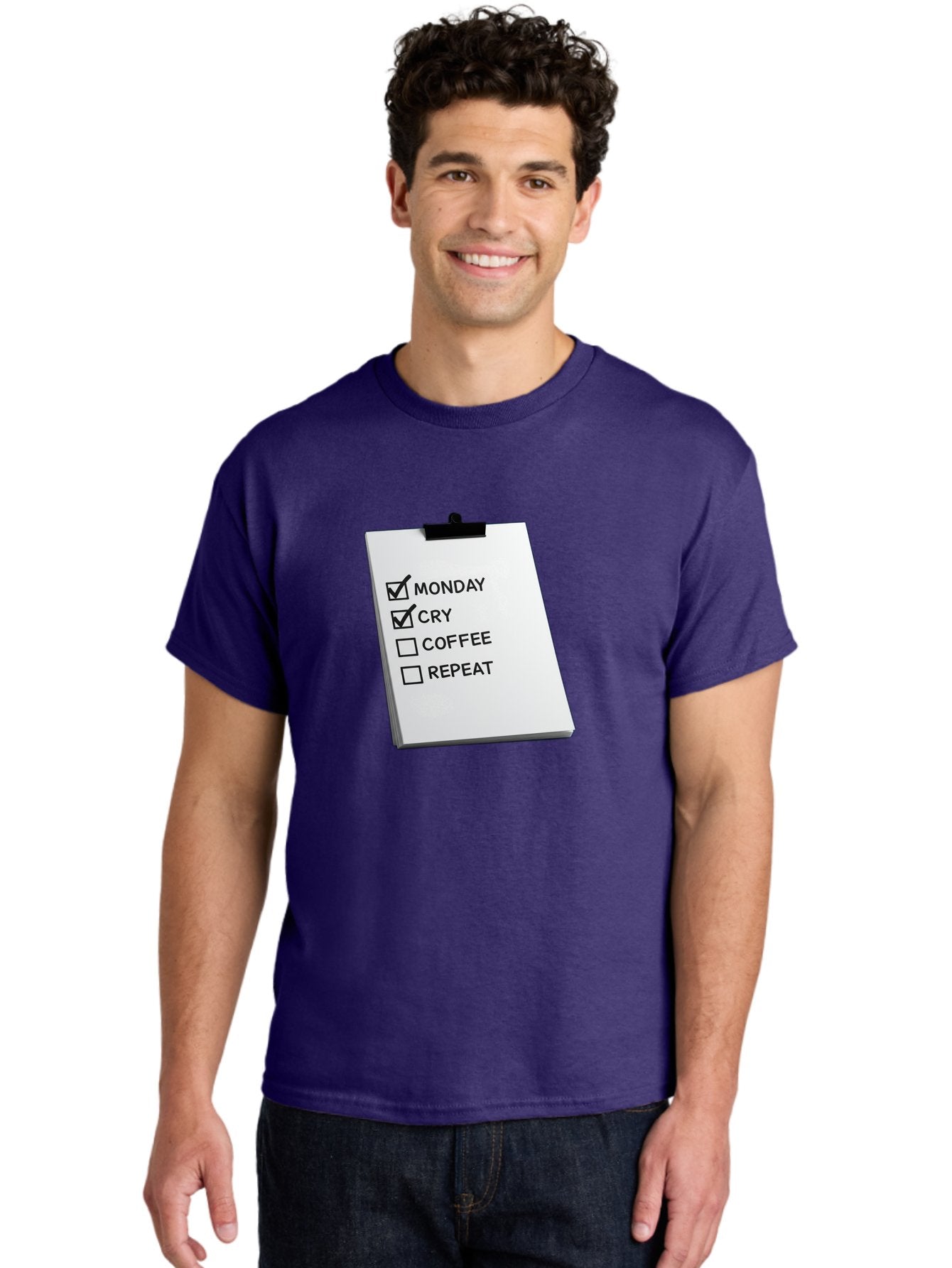 Monday-Cry-Coffee-Repeat Men'S Graphic Tee, 100% Cotton, Comfortable Casual Summer Wear, Machine Washable, To-Do List, Monday Blues, Cry, Coffee Break, Repeat Cycle, Humor, Relatable, Checklist, Productivity, Morning Routine, Motivation Bae517 25