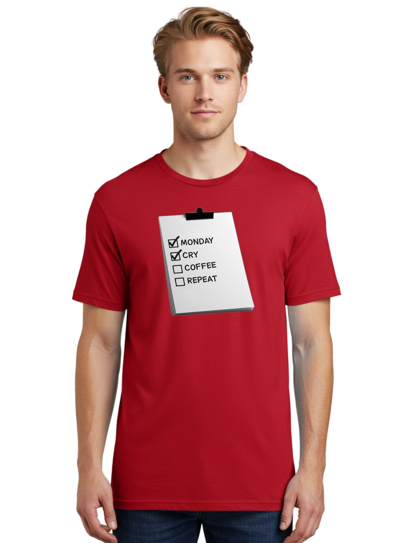 Monday-Cry-Coffee-Repeat Men'S Graphic Tee, 100% Cotton, Comfortable Casual Summer Wear, Machine Washable, To-Do List, Monday Blues, Cry, Coffee Break, Repeat Cycle, Humor, Relatable, Checklist, Productivity, Morning Routine, Motivation Bae517 27