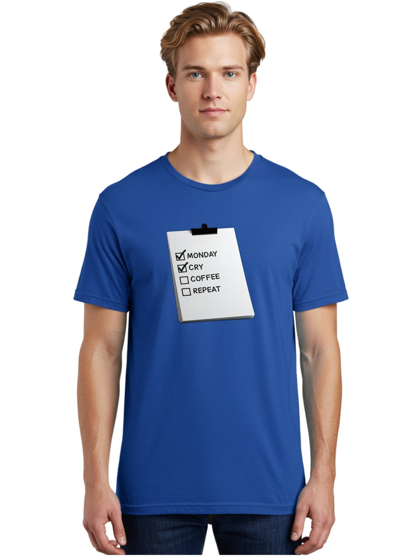 Monday-Cry-Coffee-Repeat Men'S Graphic Tee, 100% Cotton, Comfortable Casual Summer Wear, Machine Washable, To-Do List, Monday Blues, Cry, Coffee Break, Repeat Cycle, Humor, Relatable, Checklist, Productivity, Morning Routine, Motivation Bae517 29