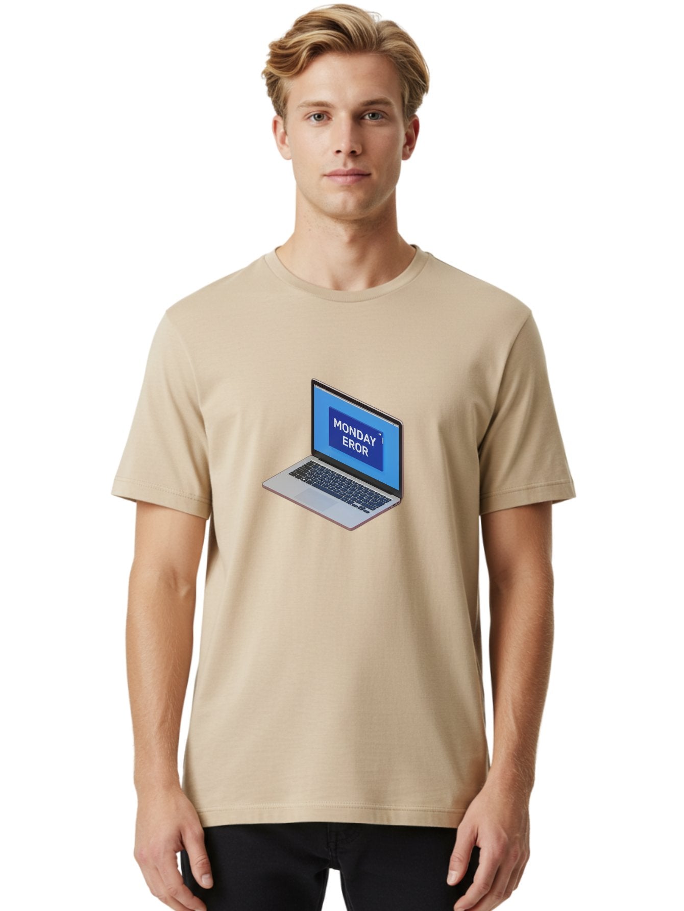 Monday-Eror Men'S Graphic Tee, 100% Cotton, Comfortable Casual Summer Wear, Machine Washable, Laptop Screen Displaying Monday Eror, Error Message, System Failure, Humorously Misspelled, Blue Screen, White Text, Cartoonish Style, Tech Glitch Bae518 24