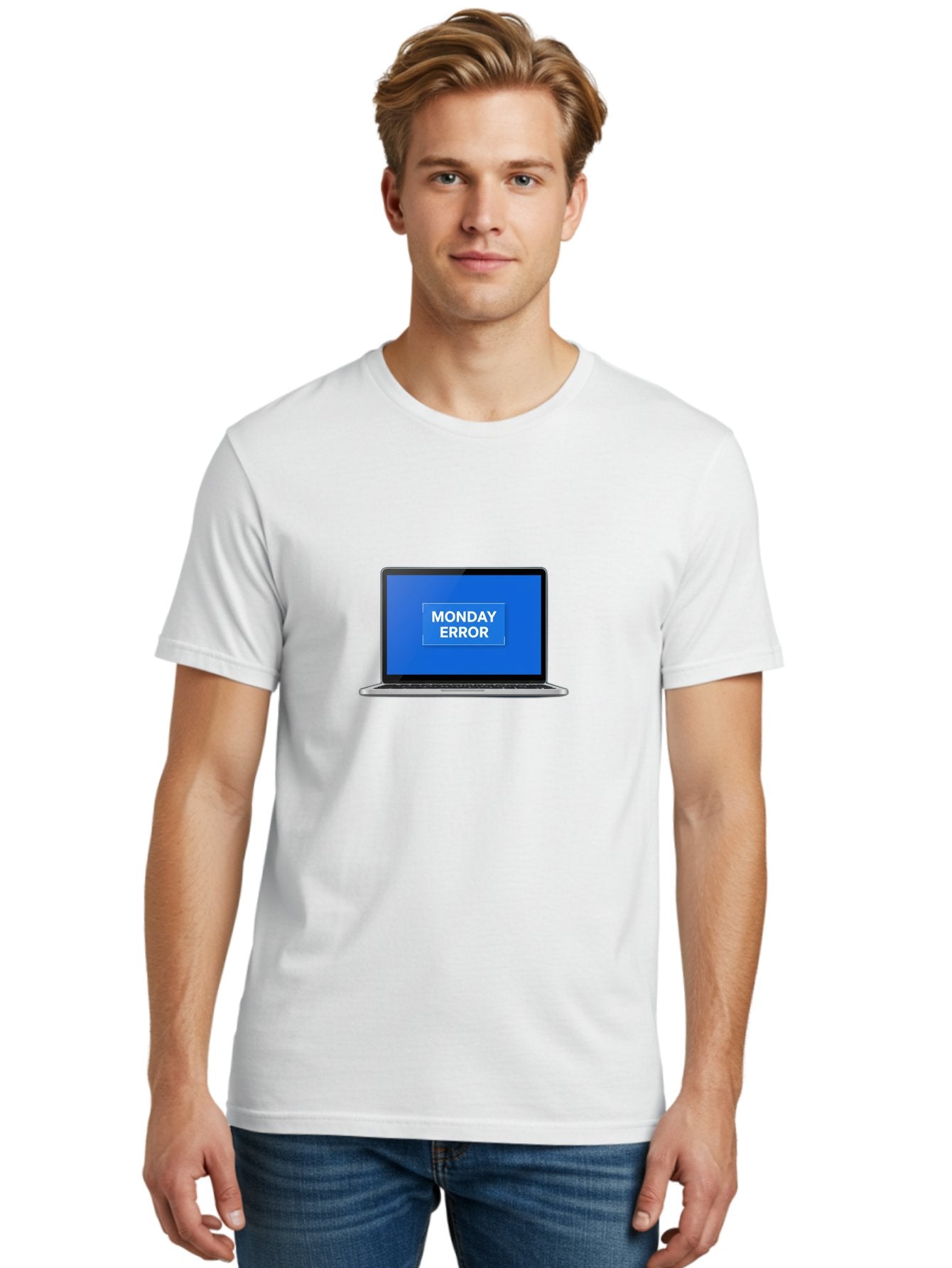 Monday-Error-6 Men'S Graphic Tee, 100% Cotton, Comfortable Casual Summer Wear, Machine Washable, Laptop Screen, Monday Error Message, Error Alert, Blue Screen, Glitch, Malfunction, White Text, Tech Issue Bae525 27