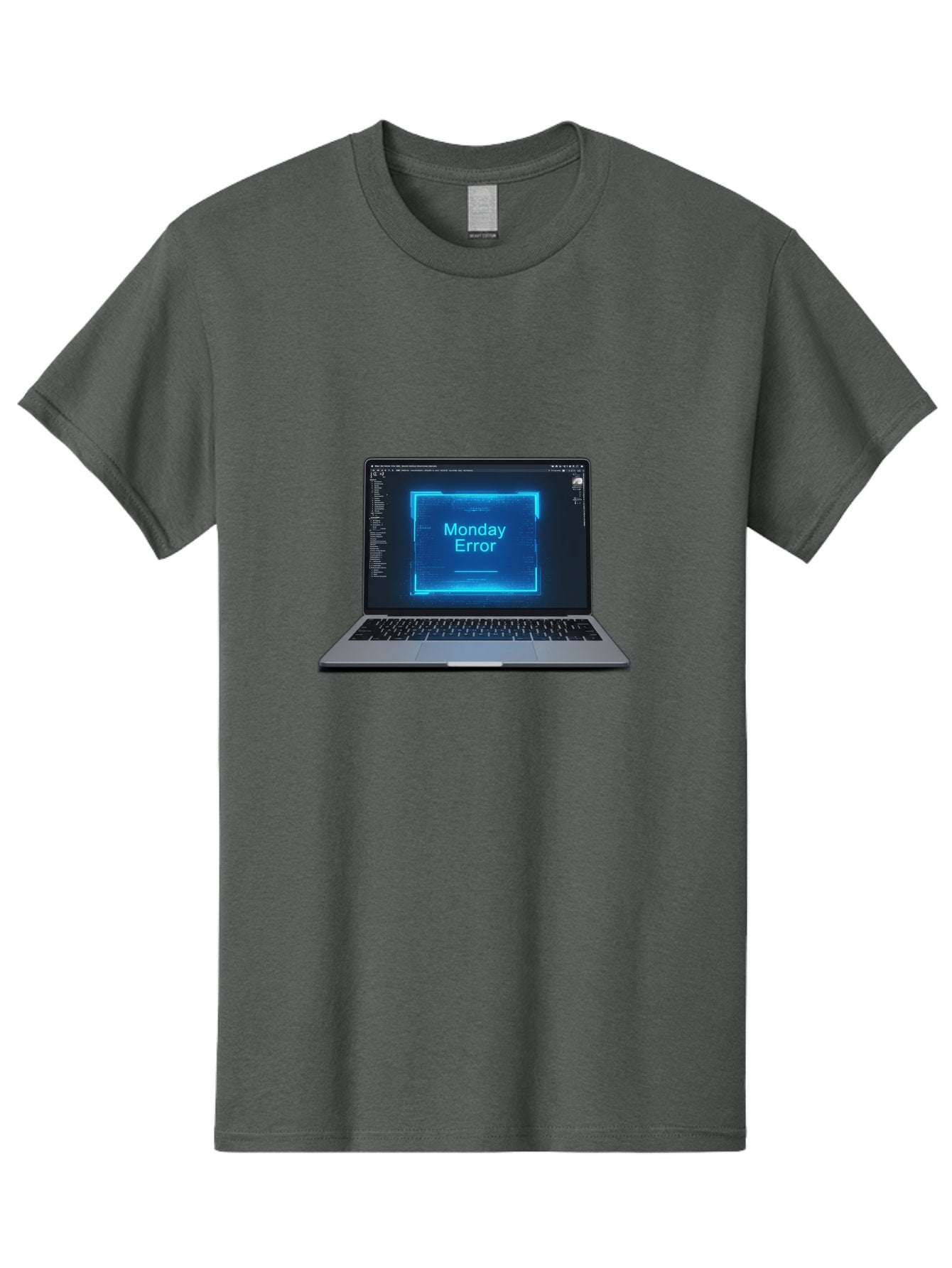Monday-Error-7 Men'S Graphic Tee, 100% Cotton, Comfortable Casual Summer Wear, Machine Washable, Laptop Screen, Error Message, Monday Error, System Failure, Glitchy Display, Blue Neon Light, Coding Software, Debugging, Tech Issue, Bae526 3