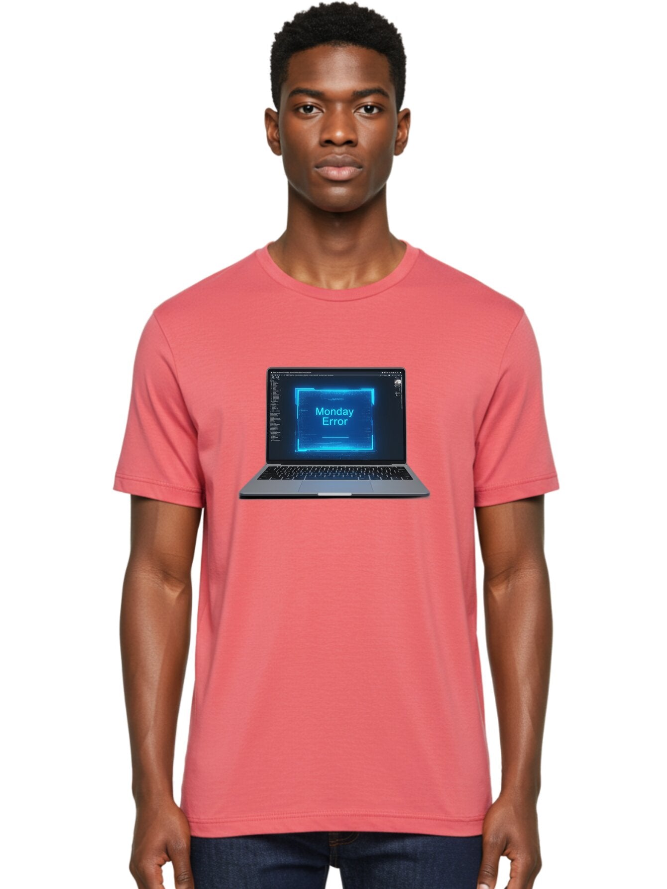 Monday-Error-7 Men'S Graphic Tee, 100% Cotton, Comfortable Casual Summer Wear, Machine Washable, Laptop Screen, Error Message, Monday Error, System Failure, Glitchy Display, Blue Neon Light, Coding Software, Debugging, Tech Issue, Bae526 16