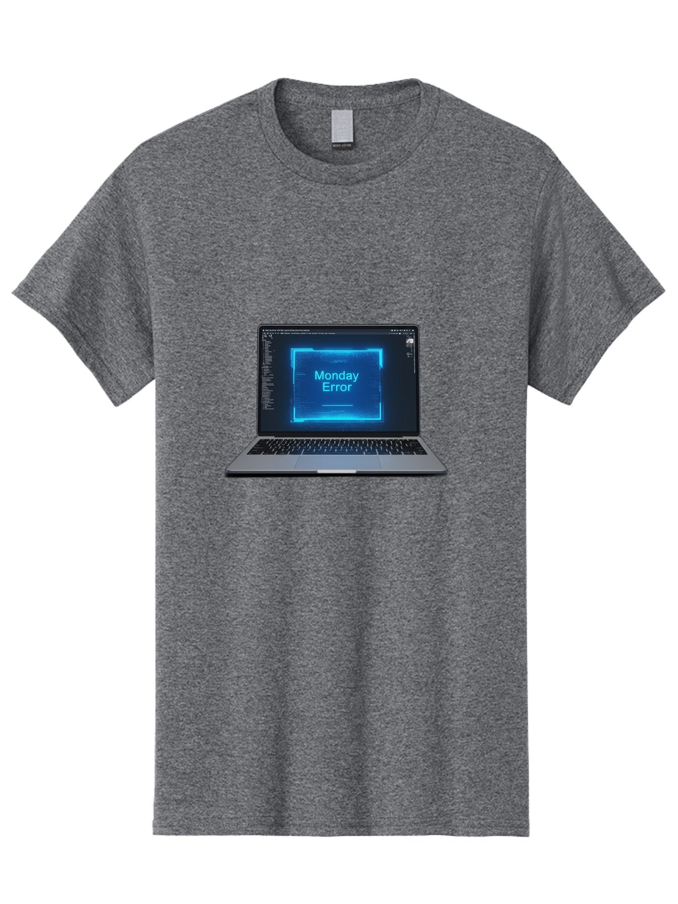 Monday-Error-7 Men'S Graphic Tee, 100% Cotton, Comfortable Casual Summer Wear, Machine Washable, Laptop Screen, Error Message, Monday Error, System Failure, Glitchy Display, Blue Neon Light, Coding Software, Debugging, Tech Issue, Bae526 9