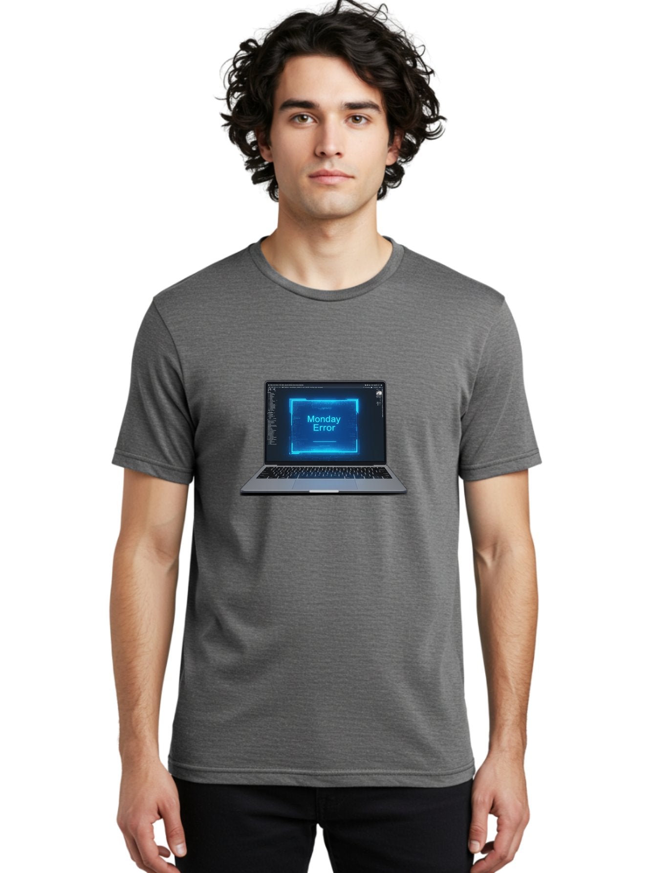 Monday-Error-7 Men'S Graphic Tee, 100% Cotton, Comfortable Casual Summer Wear, Machine Washable, Laptop Screen, Error Message, Monday Error, System Failure, Glitchy Display, Blue Neon Light, Coding Software, Debugging, Tech Issue, Bae526 26