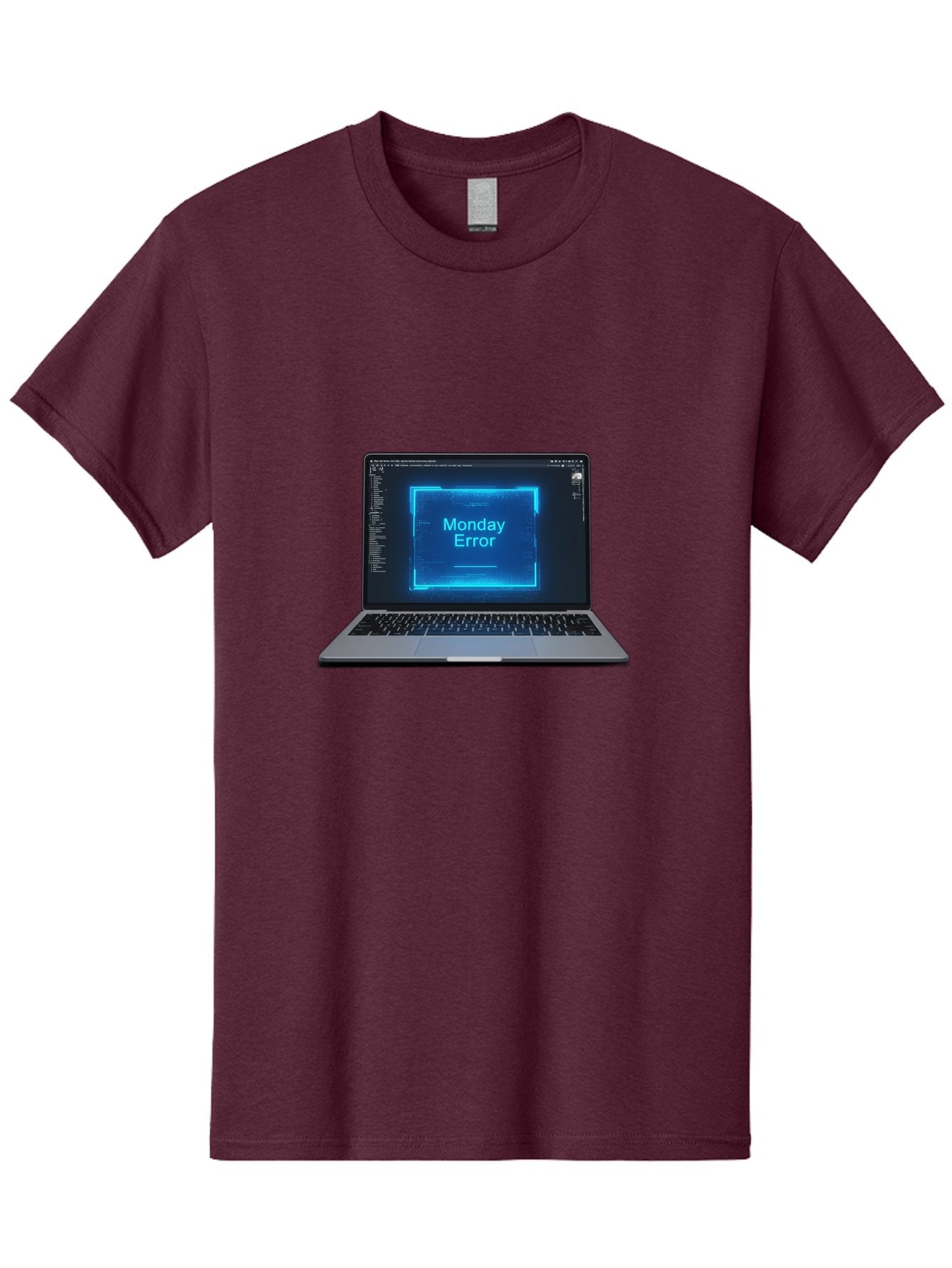 Monday-Error-7 Men'S Graphic Tee, 100% Cotton, Comfortable Casual Summer Wear, Machine Washable, Laptop Screen, Error Message, Monday Error, System Failure, Glitchy Display, Blue Neon Light, Coding Software, Debugging, Tech Issue, Bae526 5