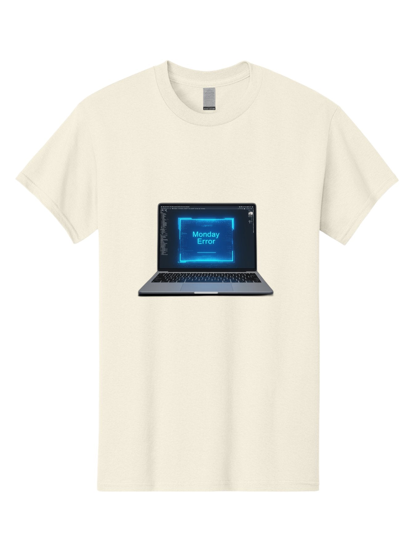 Monday-Error-7 Men'S Graphic Tee, 100% Cotton, Comfortable Casual Summer Wear, Machine Washable, Laptop Screen, Error Message, Monday Error, System Failure, Glitchy Display, Blue Neon Light, Coding Software, Debugging, Tech Issue, Bae526 6