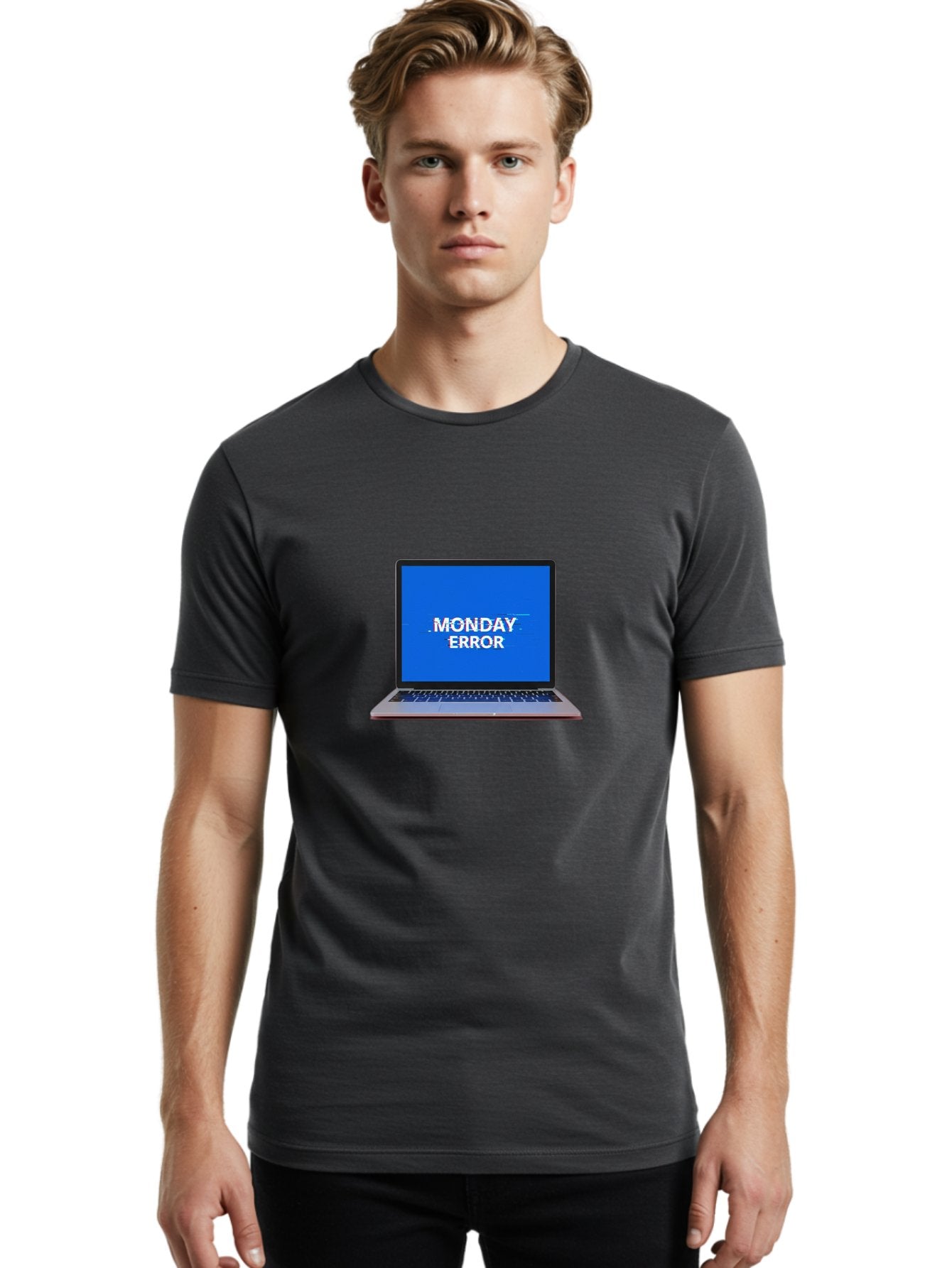 Monday-Error-9 Men'S Graphic Tee, 100% Cotton, Comfortable Casual Summer Wear, Machine Washable, Laptop Screen Displaying Monday Error Message, Computer Error, Malfunctioning Computer, Glitchy Screen, Blue Screen Of Death, Tech Issues, Bae528 20