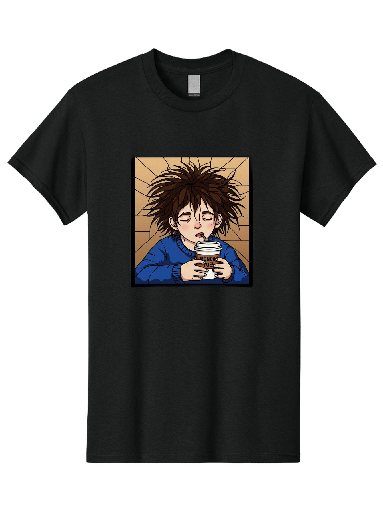 Monday-Fuel-1 Men'S Graphic Tee, 100% Cotton, Comfortable Casual Summer Wear, Machine Washable, Cartoon Character, Messy Hair, Blue Sweater, Coffee Cup, Morning Routine, Caffeine Boost, Relaxed Expression, Brown Background, Coffee Straw, Bae531 9