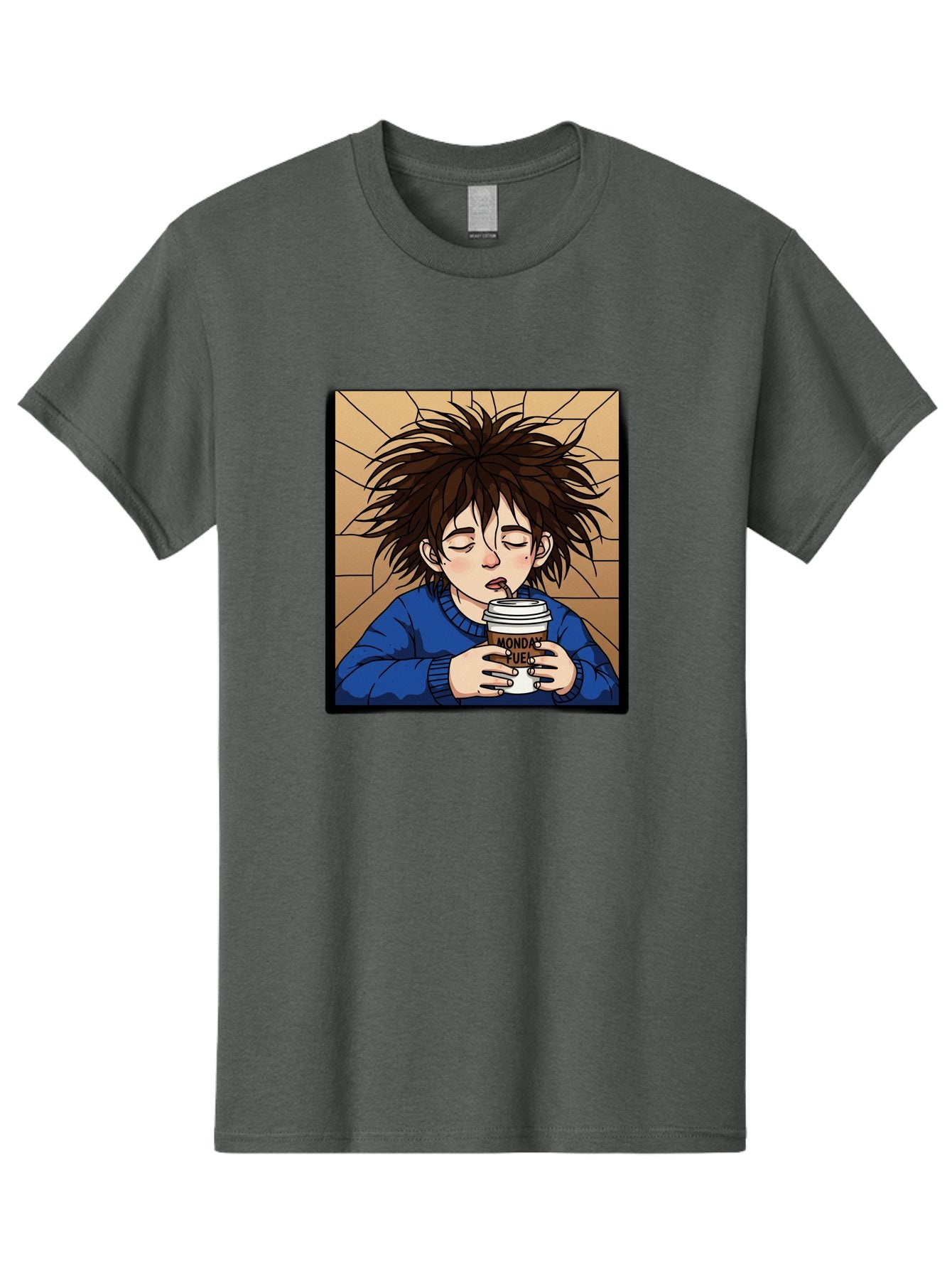 Monday-Fuel-1 Men'S Graphic Tee, 100% Cotton, Comfortable Casual Summer Wear, Machine Washable, Cartoon Character, Messy Hair, Blue Sweater, Coffee Cup, Morning Routine, Caffeine Boost, Relaxed Expression, Brown Background, Coffee Straw, Bae531 13
