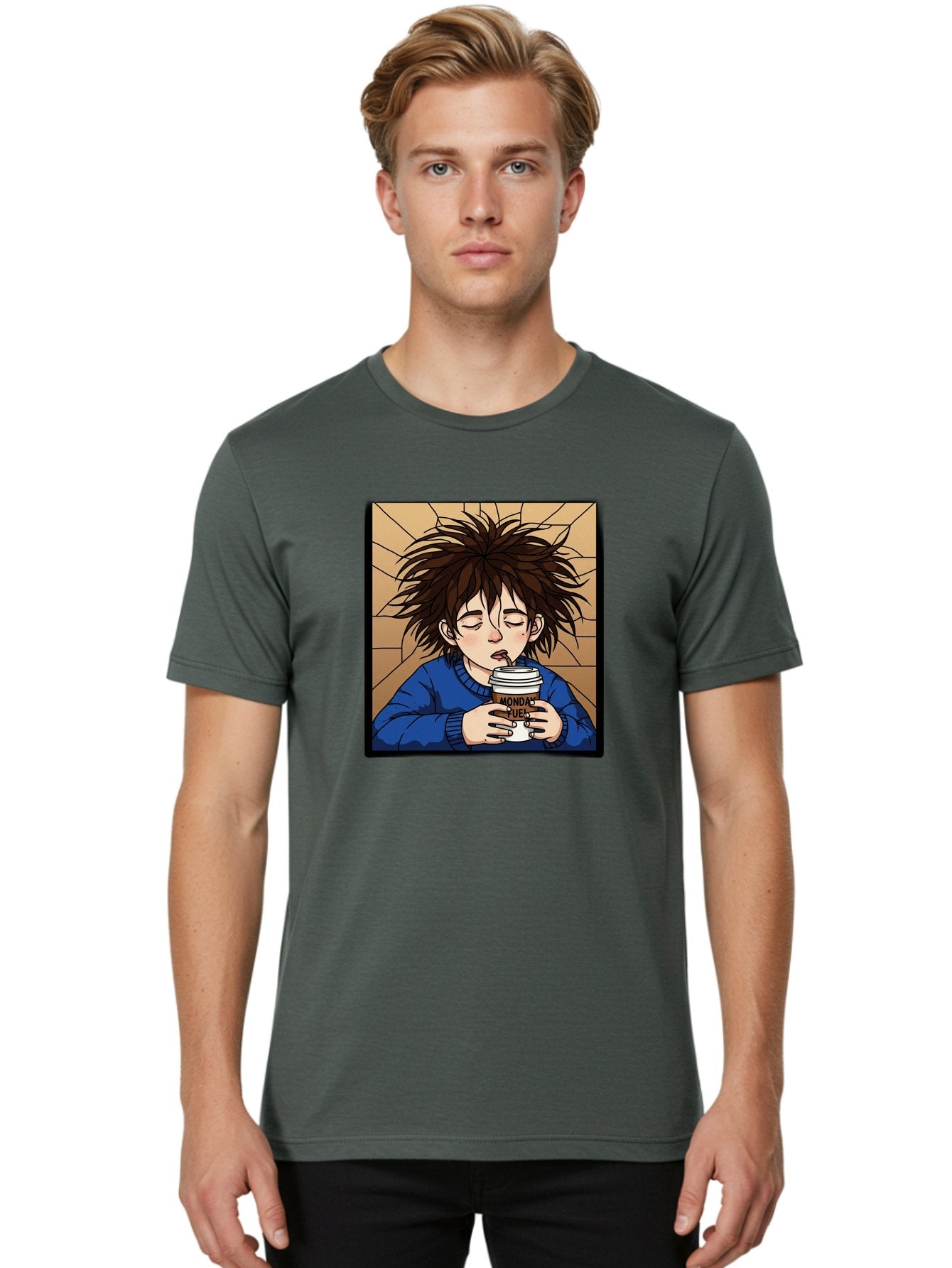 Monday-Fuel-1 Men'S Graphic Tee, 100% Cotton, Comfortable Casual Summer Wear, Machine Washable, Cartoon Character, Messy Hair, Blue Sweater, Coffee Cup, Morning Routine, Caffeine Boost, Relaxed Expression, Brown Background, Coffee Straw, Bae531 20