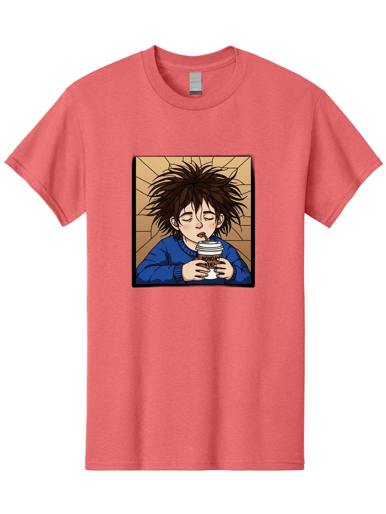 Monday-Fuel-1 Men'S Graphic Tee, 100% Cotton, Comfortable Casual Summer Wear, Machine Washable, Cartoon Character, Messy Hair, Blue Sweater, Coffee Cup, Morning Routine, Caffeine Boost, Relaxed Expression, Brown Background, Coffee Straw, Bae531 11