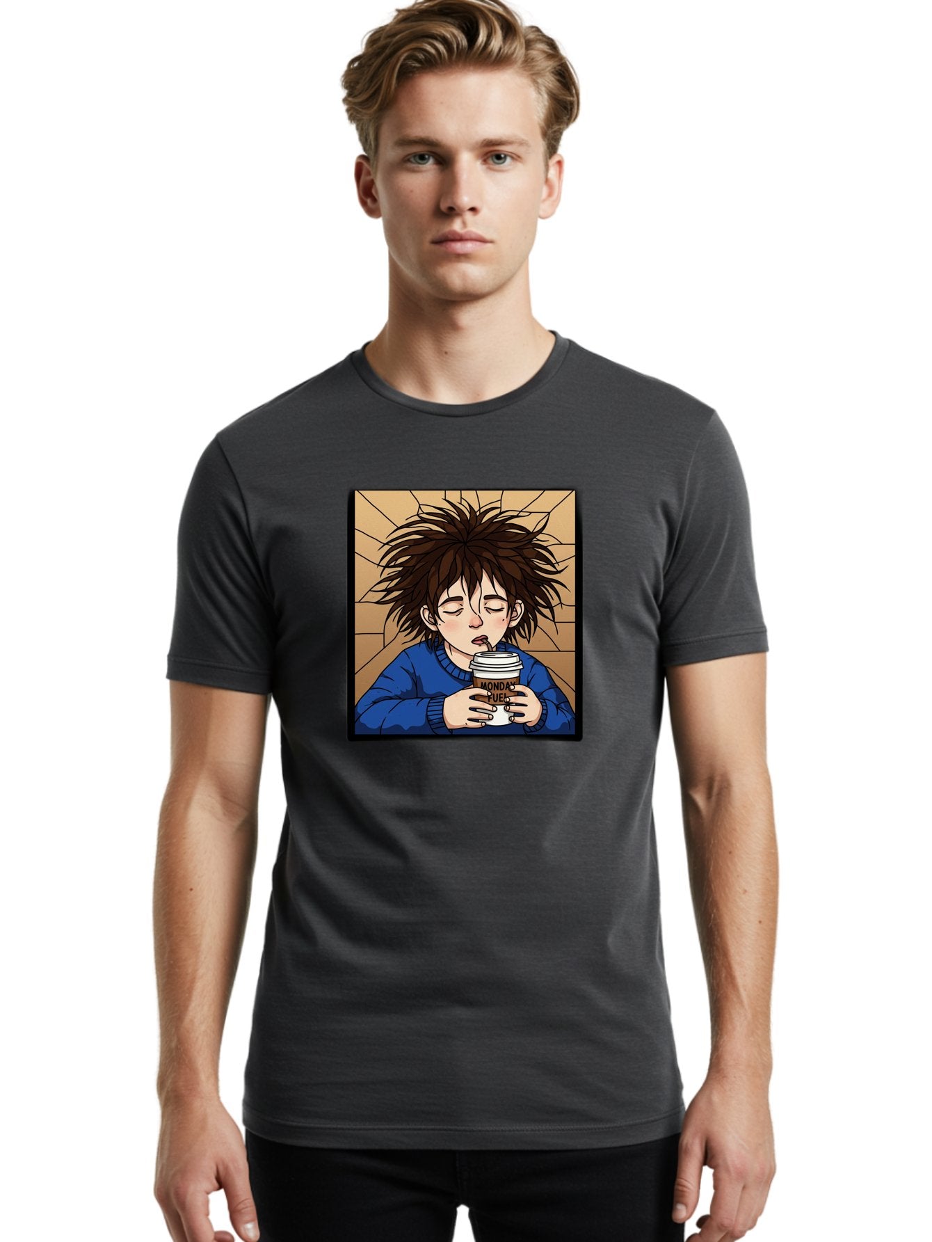 Monday-Fuel-1 Men'S Graphic Tee, 100% Cotton, Comfortable Casual Summer Wear, Machine Washable, Cartoon Character, Messy Hair, Blue Sweater, Coffee Cup, Morning Routine, Caffeine Boost, Relaxed Expression, Brown Background, Coffee Straw, Bae531 16