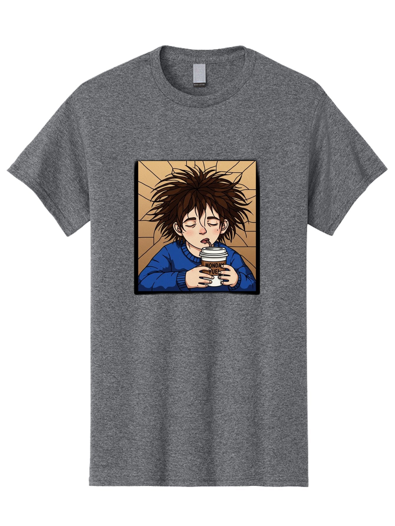 Monday-Fuel-1 Men'S Graphic Tee, 100% Cotton, Comfortable Casual Summer Wear, Machine Washable, Cartoon Character, Messy Hair, Blue Sweater, Coffee Cup, Morning Routine, Caffeine Boost, Relaxed Expression, Brown Background, Coffee Straw, Bae531 12
