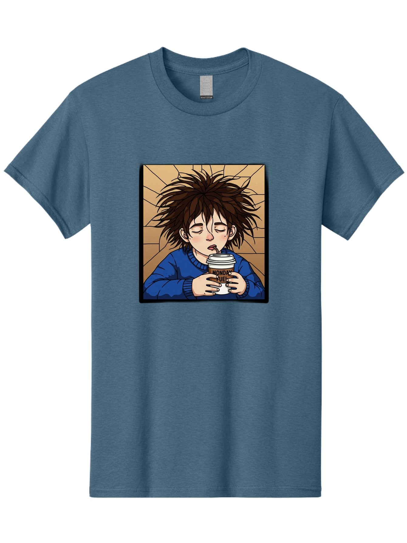 Monday-Fuel-1 Men'S Graphic Tee, 100% Cotton, Comfortable Casual Summer Wear, Machine Washable, Cartoon Character, Messy Hair, Blue Sweater, Coffee Cup, Morning Routine, Caffeine Boost, Relaxed Expression, Brown Background, Coffee Straw, Bae531