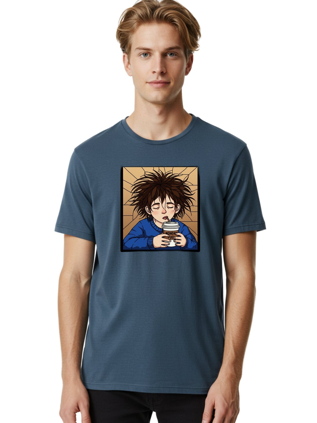 Monday-Fuel-1 Men'S Graphic Tee, 100% Cotton, Comfortable Casual Summer Wear, Machine Washable, Cartoon Character, Messy Hair, Blue Sweater, Coffee Cup, Morning Routine, Caffeine Boost, Relaxed Expression, Brown Background, Coffee Straw, Bae531 19