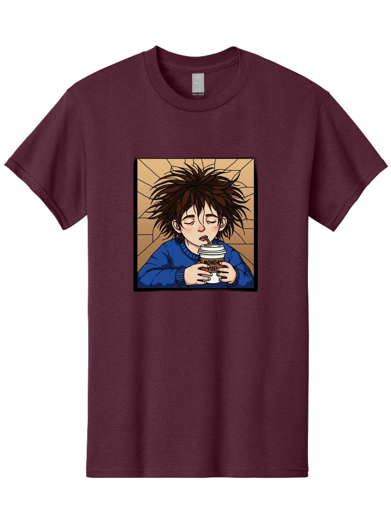 Monday-Fuel-1 Men'S Graphic Tee, 100% Cotton, Comfortable Casual Summer Wear, Machine Washable, Cartoon Character, Messy Hair, Blue Sweater, Coffee Cup, Morning Routine, Caffeine Boost, Relaxed Expression, Brown Background, Coffee Straw, Bae531 6