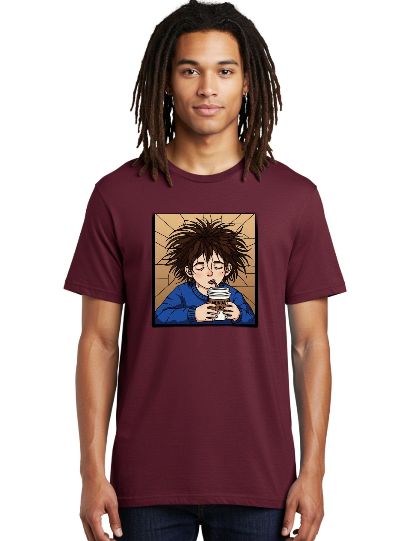 Monday-Fuel-1 Men'S Graphic Tee, 100% Cotton, Comfortable Casual Summer Wear, Machine Washable, Cartoon Character, Messy Hair, Blue Sweater, Coffee Cup, Morning Routine, Caffeine Boost, Relaxed Expression, Brown Background, Coffee Straw, Bae531 24