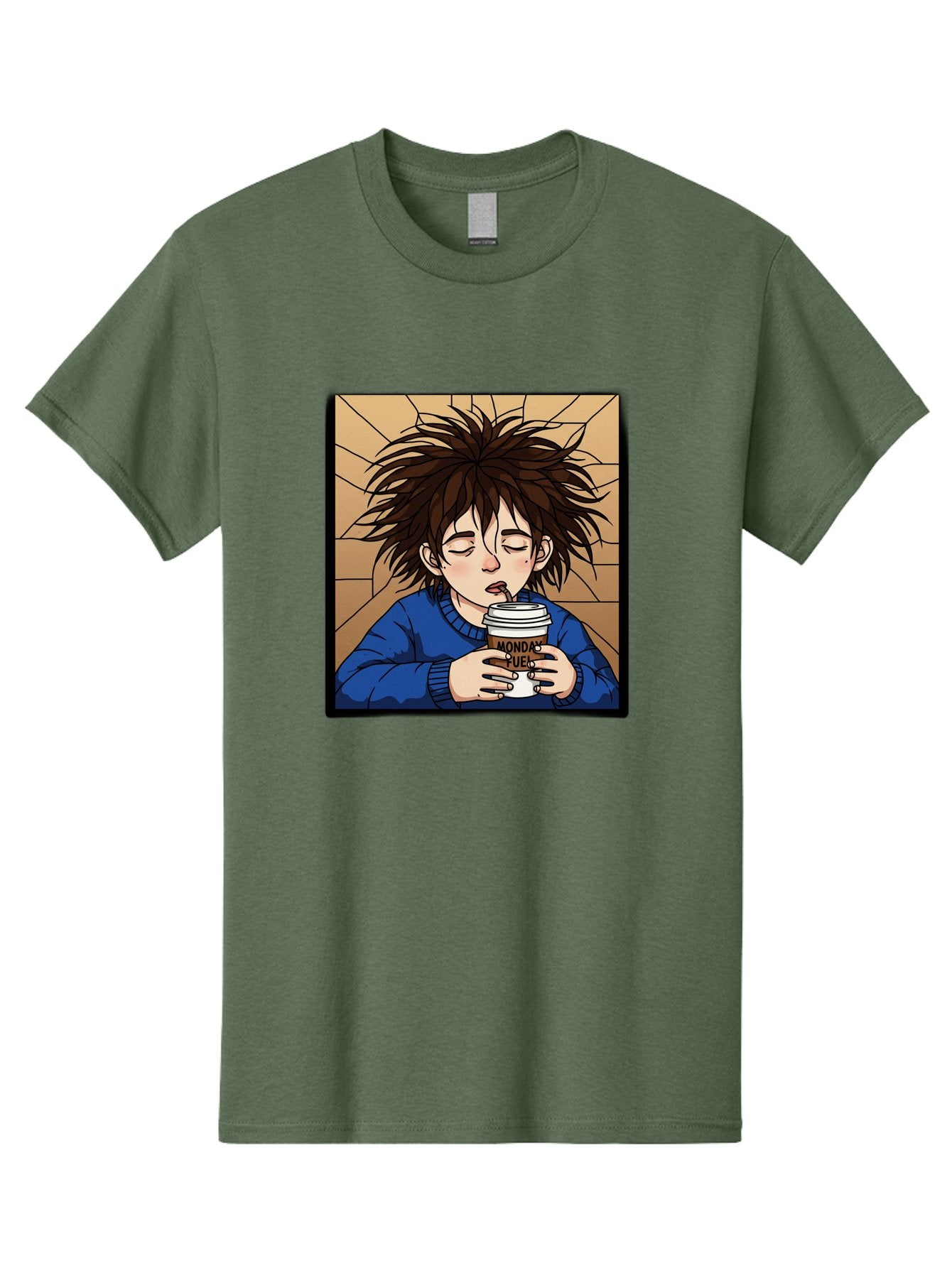 Monday-Fuel-1 Men'S Graphic Tee, 100% Cotton, Comfortable Casual Summer Wear, Machine Washable, Cartoon Character, Messy Hair, Blue Sweater, Coffee Cup, Morning Routine, Caffeine Boost, Relaxed Expression, Brown Background, Coffee Straw, Bae531 15