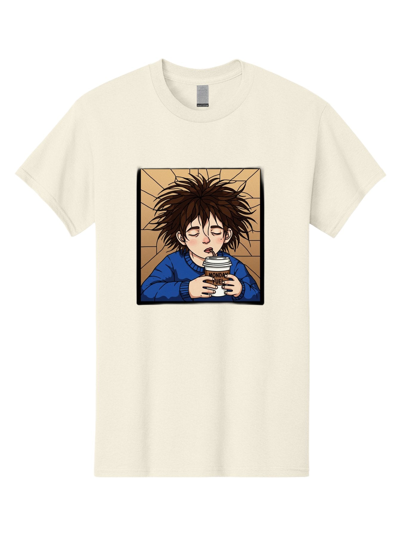 Monday-Fuel-1 Men'S Graphic Tee, 100% Cotton, Comfortable Casual Summer Wear, Machine Washable, Cartoon Character, Messy Hair, Blue Sweater, Coffee Cup, Morning Routine, Caffeine Boost, Relaxed Expression, Brown Background, Coffee Straw, Bae531 14