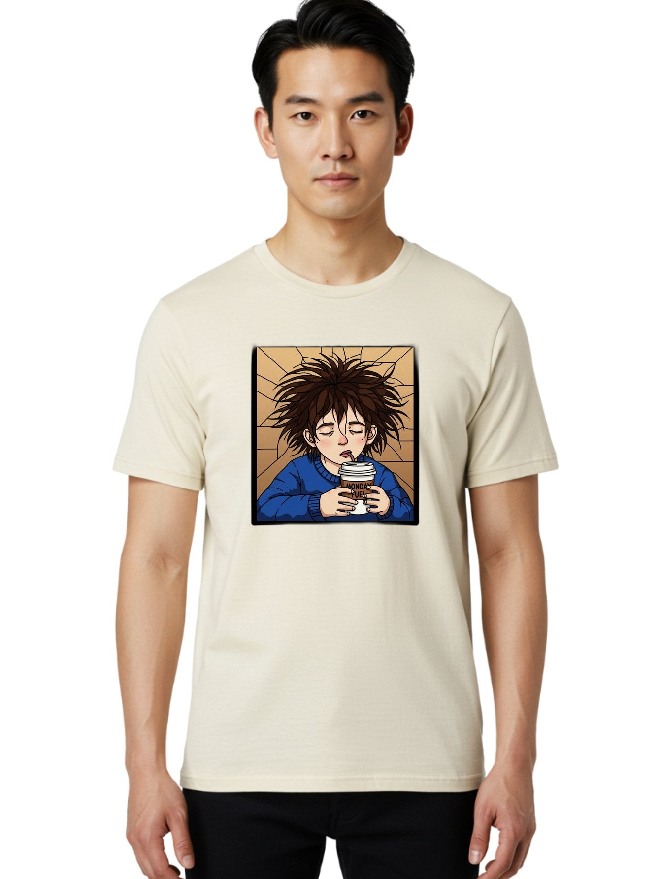 Monday-Fuel-1 Men'S Graphic Tee, 100% Cotton, Comfortable Casual Summer Wear, Machine Washable, Cartoon Character, Messy Hair, Blue Sweater, Coffee Cup, Morning Routine, Caffeine Boost, Relaxed Expression, Brown Background, Coffee Straw, Bae531 29