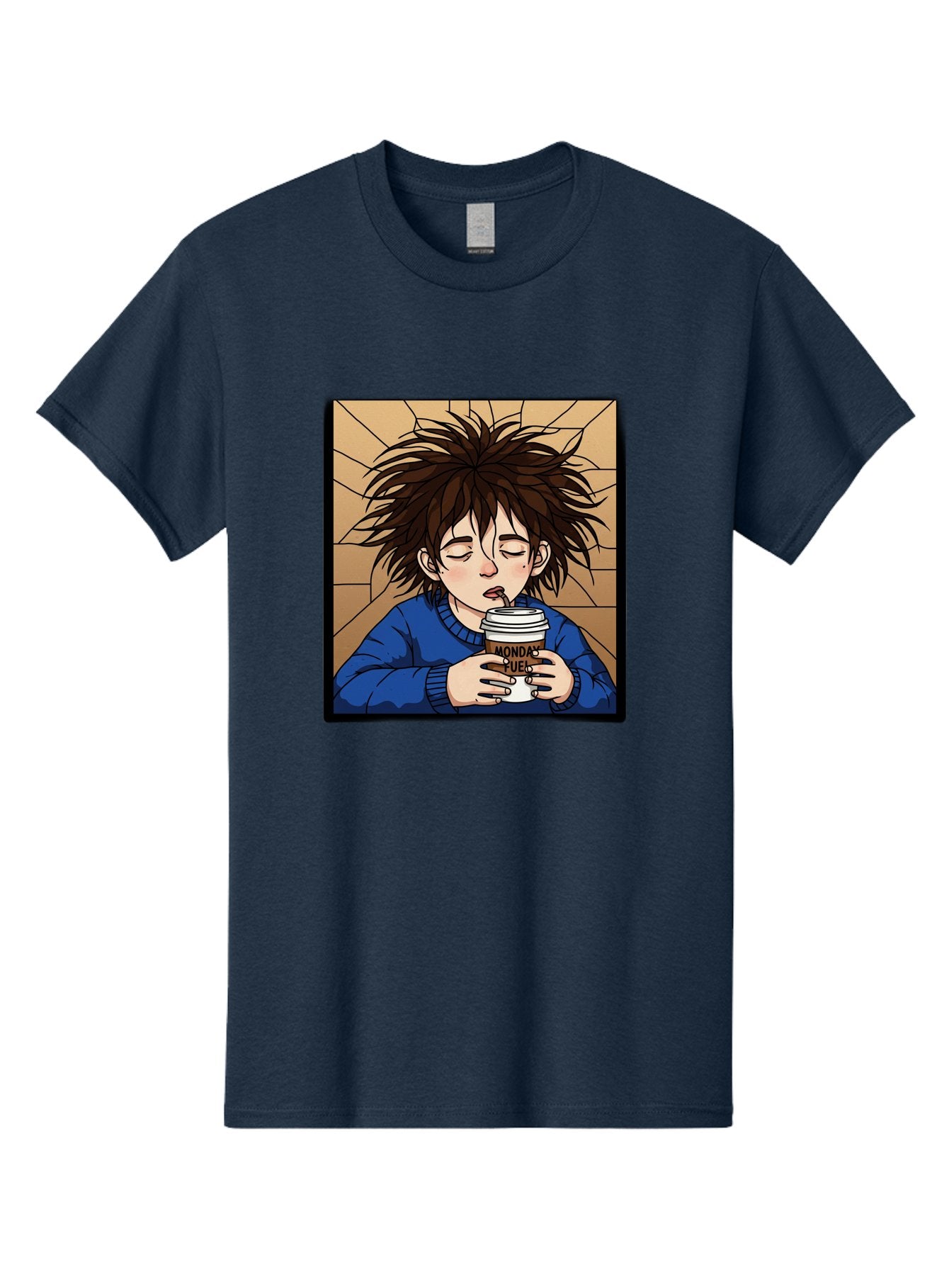 Monday-Fuel-1 Men'S Graphic Tee, 100% Cotton, Comfortable Casual Summer Wear, Machine Washable, Cartoon Character, Messy Hair, Blue Sweater, Coffee Cup, Morning Routine, Caffeine Boost, Relaxed Expression, Brown Background, Coffee Straw, Bae531 8