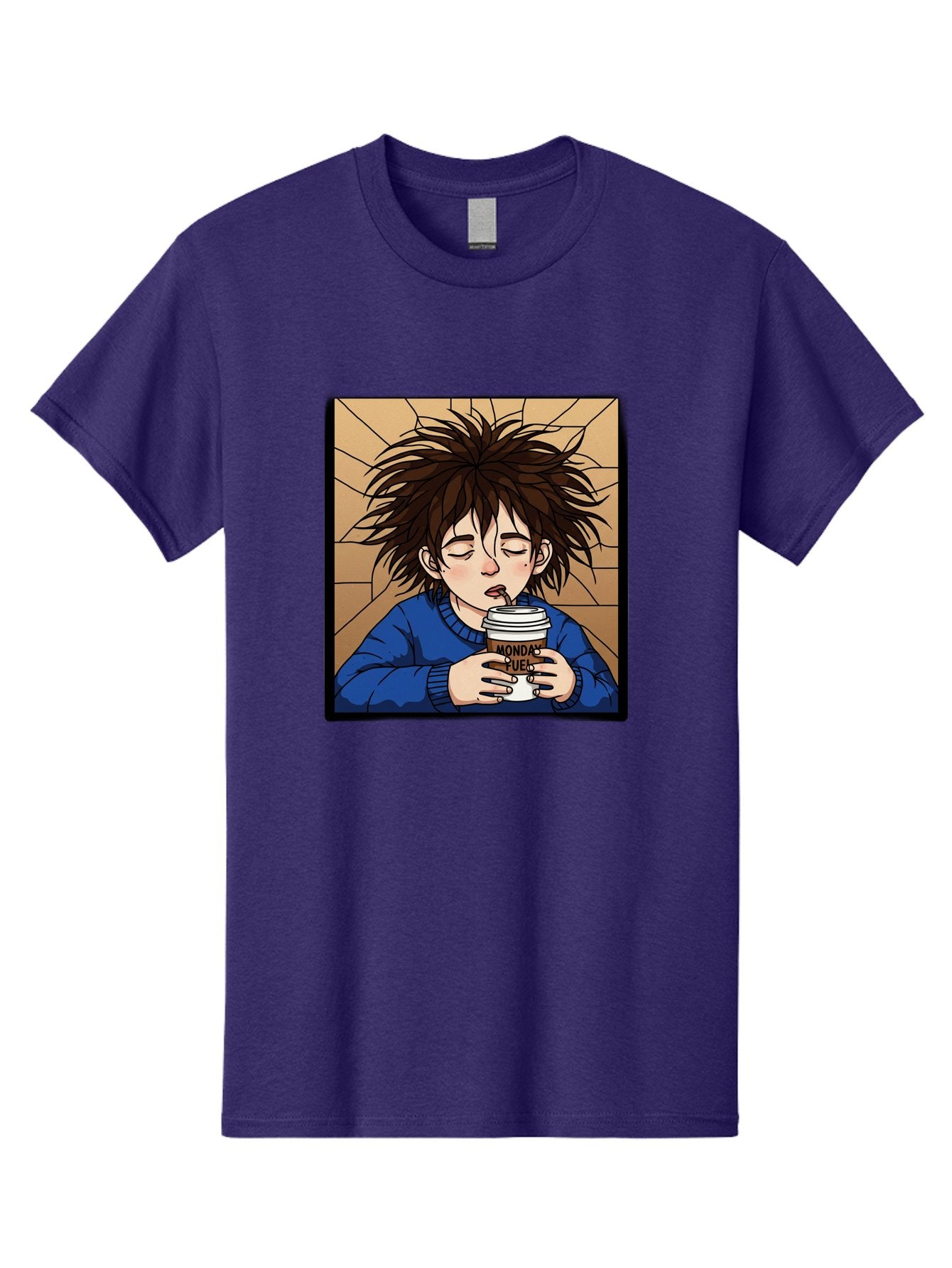 Monday-Fuel-1 Men'S Graphic Tee, 100% Cotton, Comfortable Casual Summer Wear, Machine Washable, Cartoon Character, Messy Hair, Blue Sweater, Coffee Cup, Morning Routine, Caffeine Boost, Relaxed Expression, Brown Background, Coffee Straw, Bae531 3