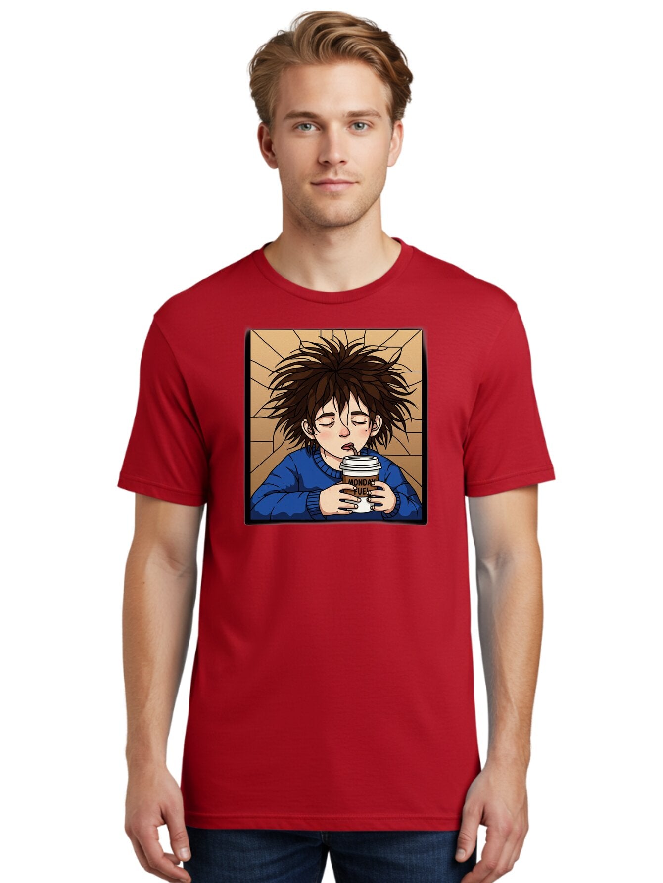 Monday-Fuel-1 Men'S Graphic Tee, 100% Cotton, Comfortable Casual Summer Wear, Machine Washable, Cartoon Character, Messy Hair, Blue Sweater, Coffee Cup, Morning Routine, Caffeine Boost, Relaxed Expression, Brown Background, Coffee Straw, Bae531 23