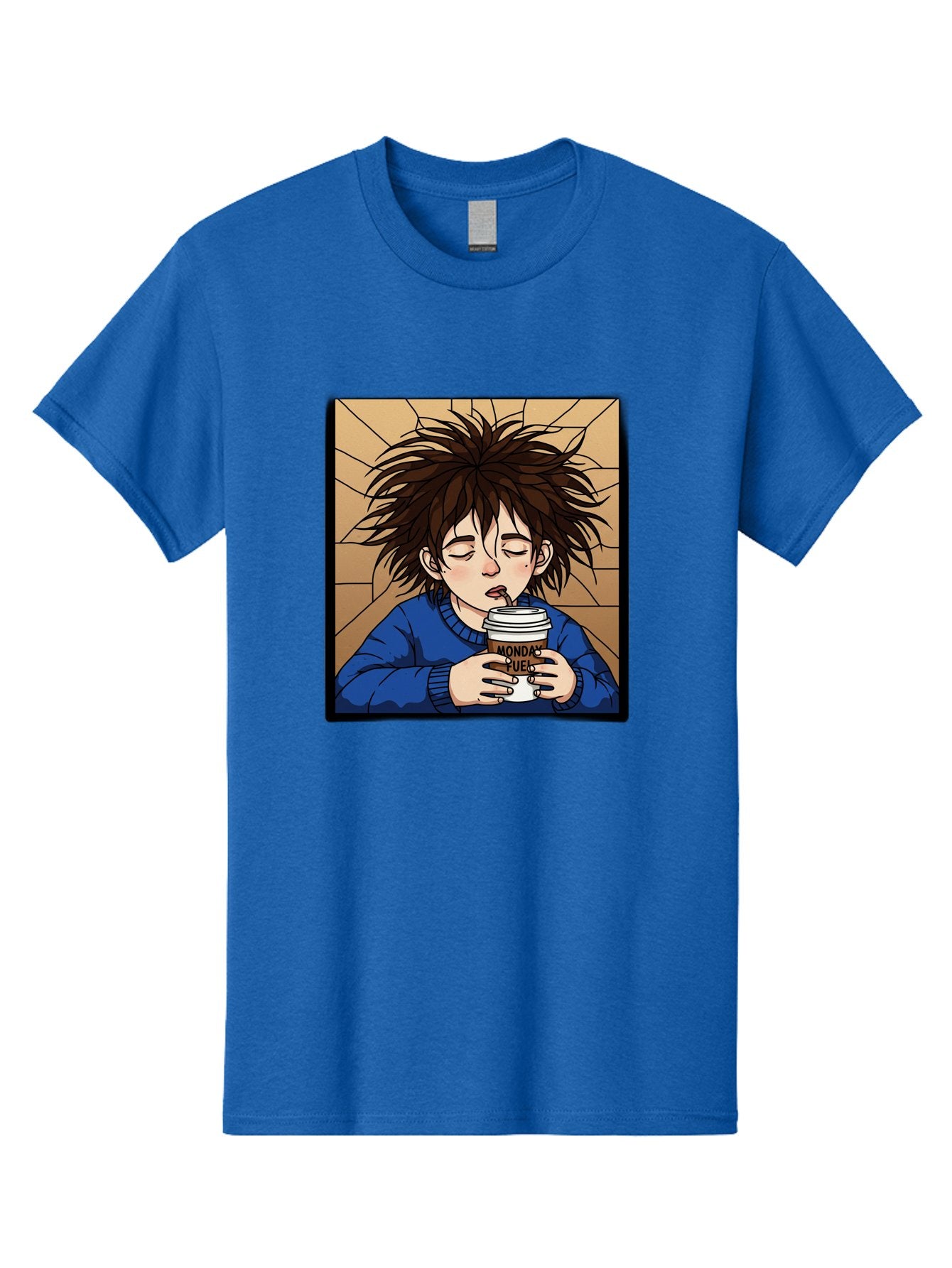Monday-Fuel-1 Men'S Graphic Tee, 100% Cotton, Comfortable Casual Summer Wear, Machine Washable, Cartoon Character, Messy Hair, Blue Sweater, Coffee Cup, Morning Routine, Caffeine Boost, Relaxed Expression, Brown Background, Coffee Straw, Bae531 10