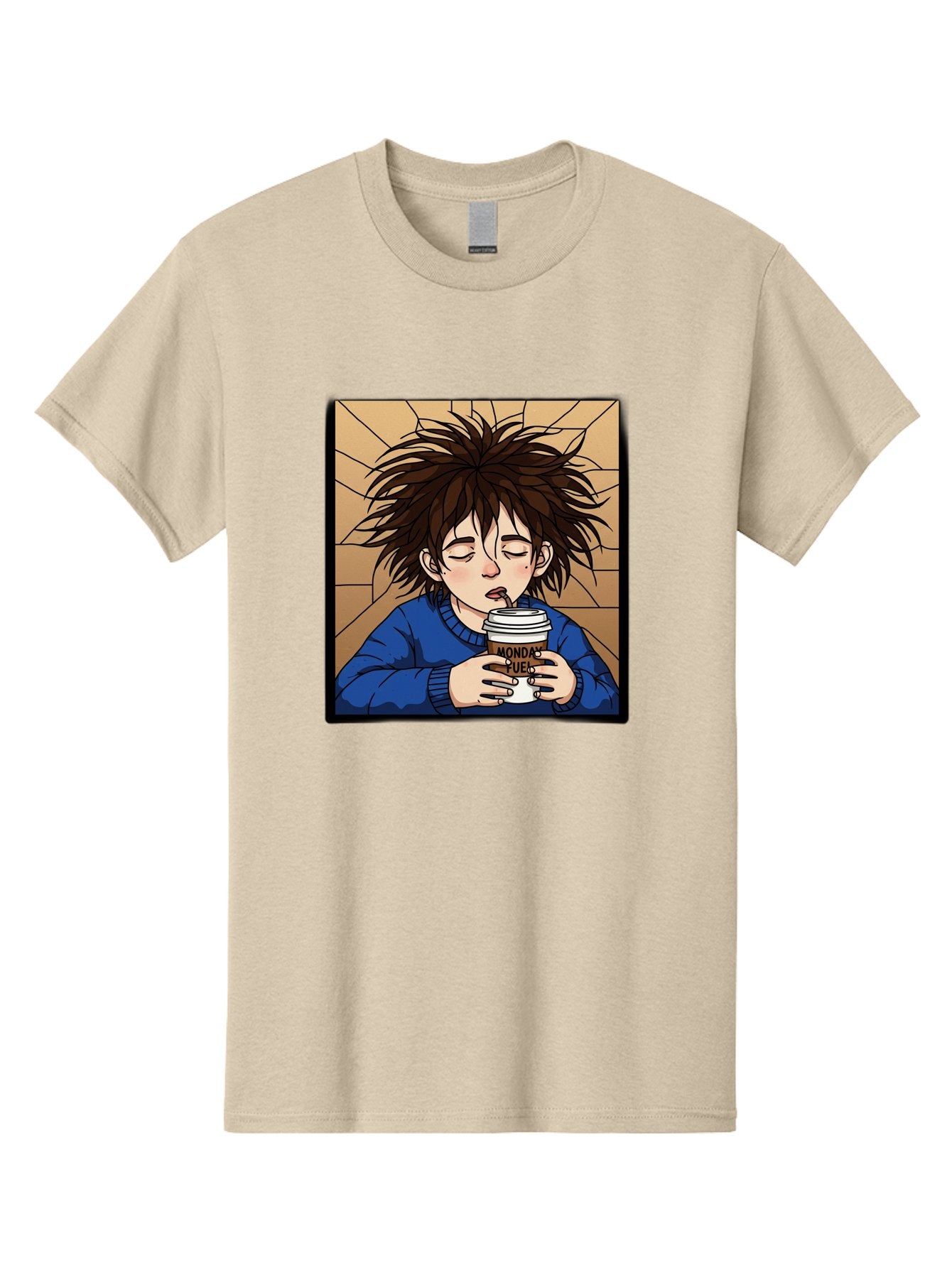 Monday-Fuel-1 Men'S Graphic Tee, 100% Cotton, Comfortable Casual Summer Wear, Machine Washable, Cartoon Character, Messy Hair, Blue Sweater, Coffee Cup, Morning Routine, Caffeine Boost, Relaxed Expression, Brown Background, Coffee Straw, Bae531 4