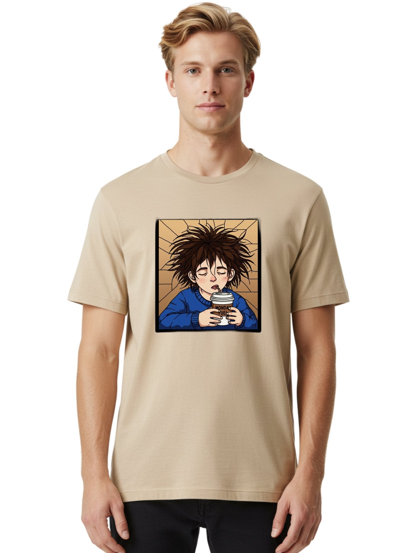 Monday-Fuel-1 Men'S Graphic Tee, 100% Cotton, Comfortable Casual Summer Wear, Machine Washable, Cartoon Character, Messy Hair, Blue Sweater, Coffee Cup, Morning Routine, Caffeine Boost, Relaxed Expression, Brown Background, Coffee Straw, Bae531 18