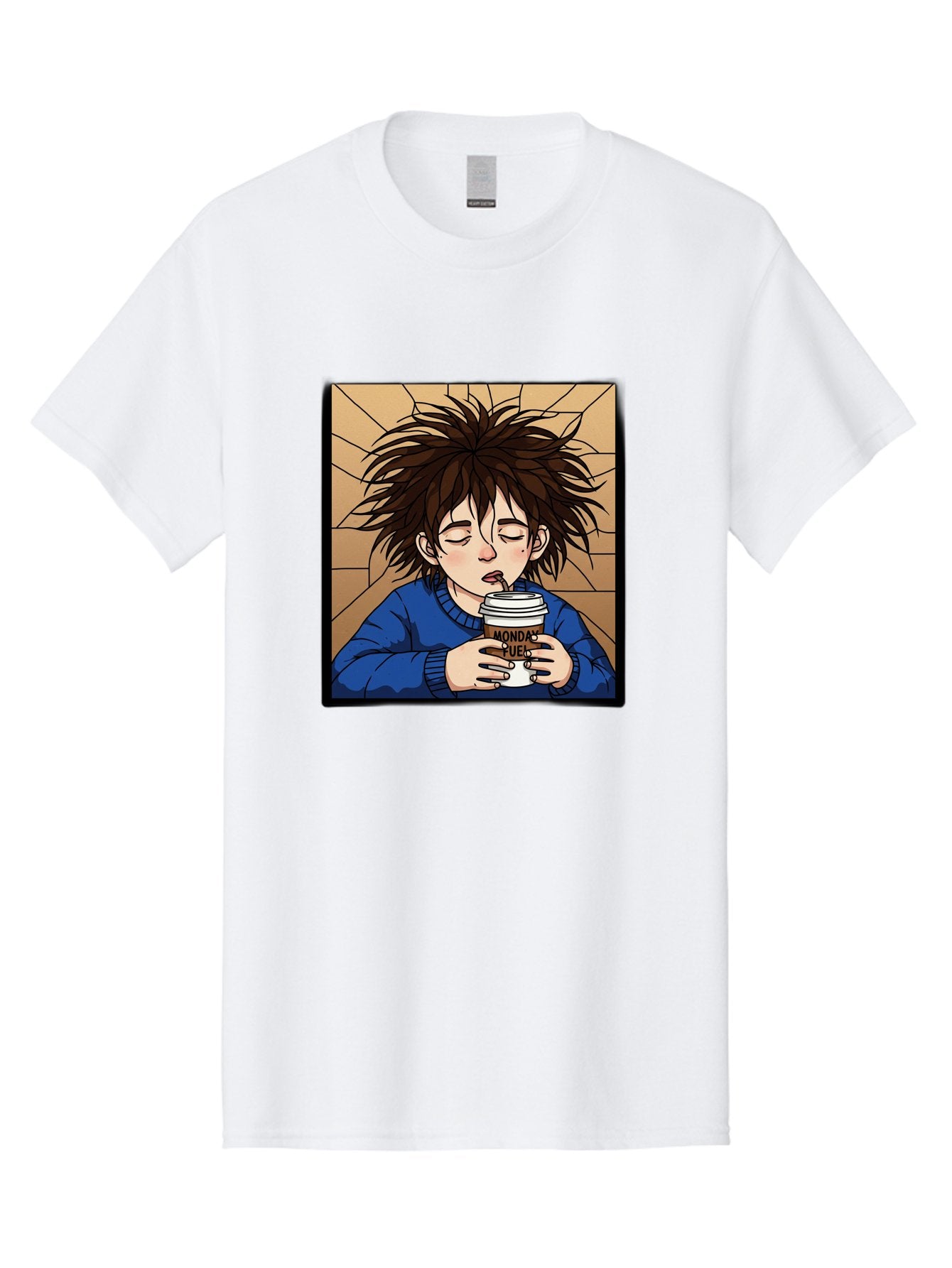 Monday-Fuel-1 Men'S Graphic Tee, 100% Cotton, Comfortable Casual Summer Wear, Machine Washable, Cartoon Character, Messy Hair, Blue Sweater, Coffee Cup, Morning Routine, Caffeine Boost, Relaxed Expression, Brown Background, Coffee Straw, Bae531