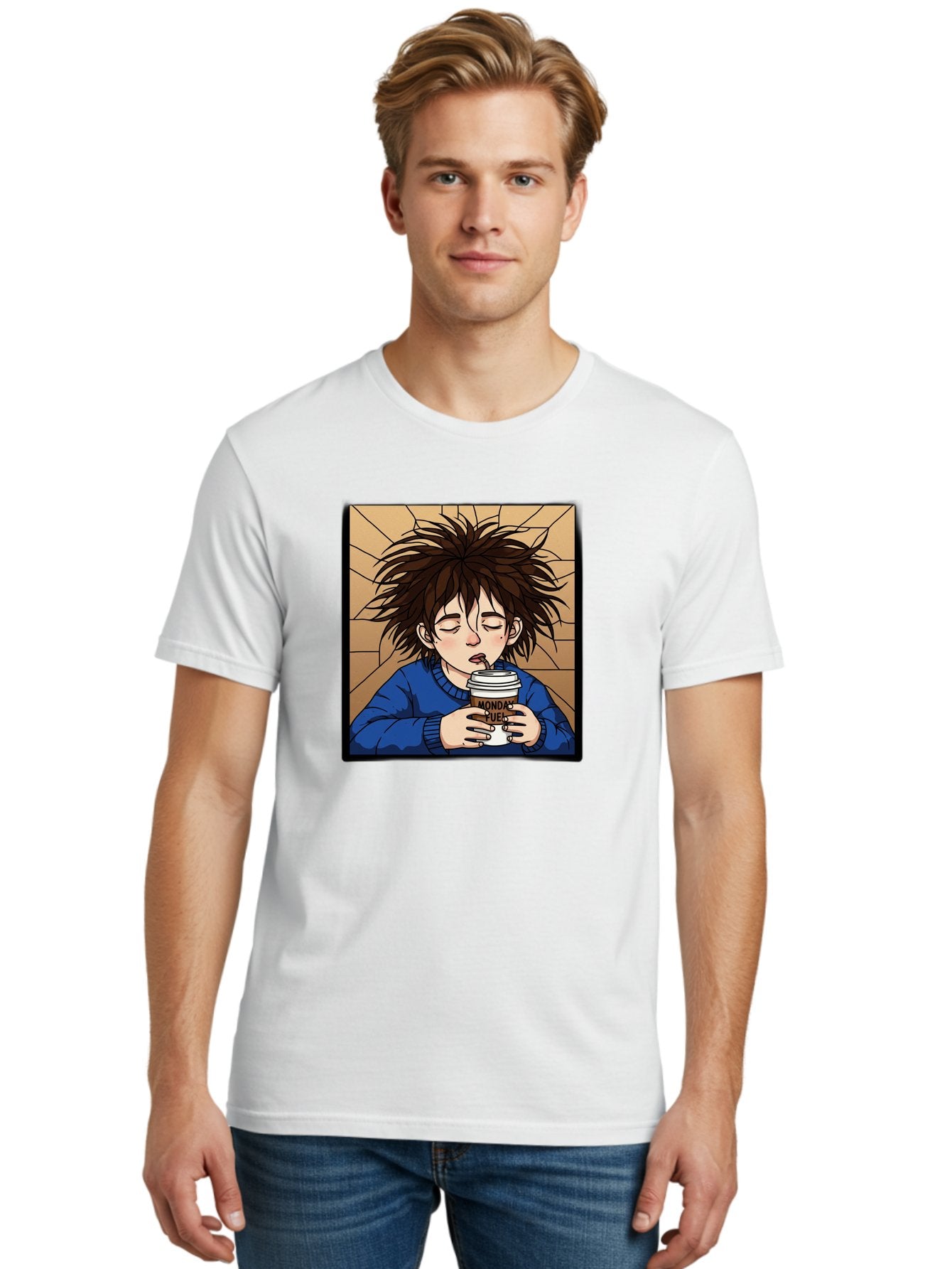 Monday-Fuel-1 Men'S Graphic Tee, 100% Cotton, Comfortable Casual Summer Wear, Machine Washable, Cartoon Character, Messy Hair, Blue Sweater, Coffee Cup, Morning Routine, Caffeine Boost, Relaxed Expression, Brown Background, Coffee Straw, Bae531 21