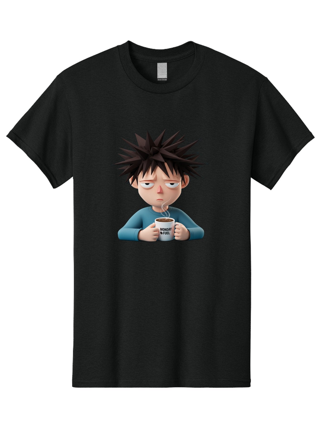 Monday-Fuel Men'S Graphic Tee, 100% Cotton, Comfortable Casual Summer Wear, Machine Washable, Cartoon Character, Monday Blues, Coffee Mug, Morning Motivation, Steam Rising, Blue Shirt, Messy Hair, Humorous Art, Coffee Culture, Morning Routine Bae532