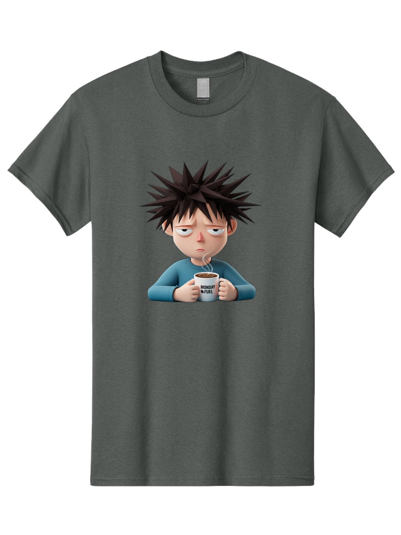 Monday-Fuel Men'S Graphic Tee, 100% Cotton, Comfortable Casual Summer Wear, Machine Washable, Cartoon Character, Monday Blues, Coffee Mug, Morning Motivation, Steam Rising, Blue Shirt, Messy Hair, Humorous Art, Coffee Culture, Morning Routine Bae532 9