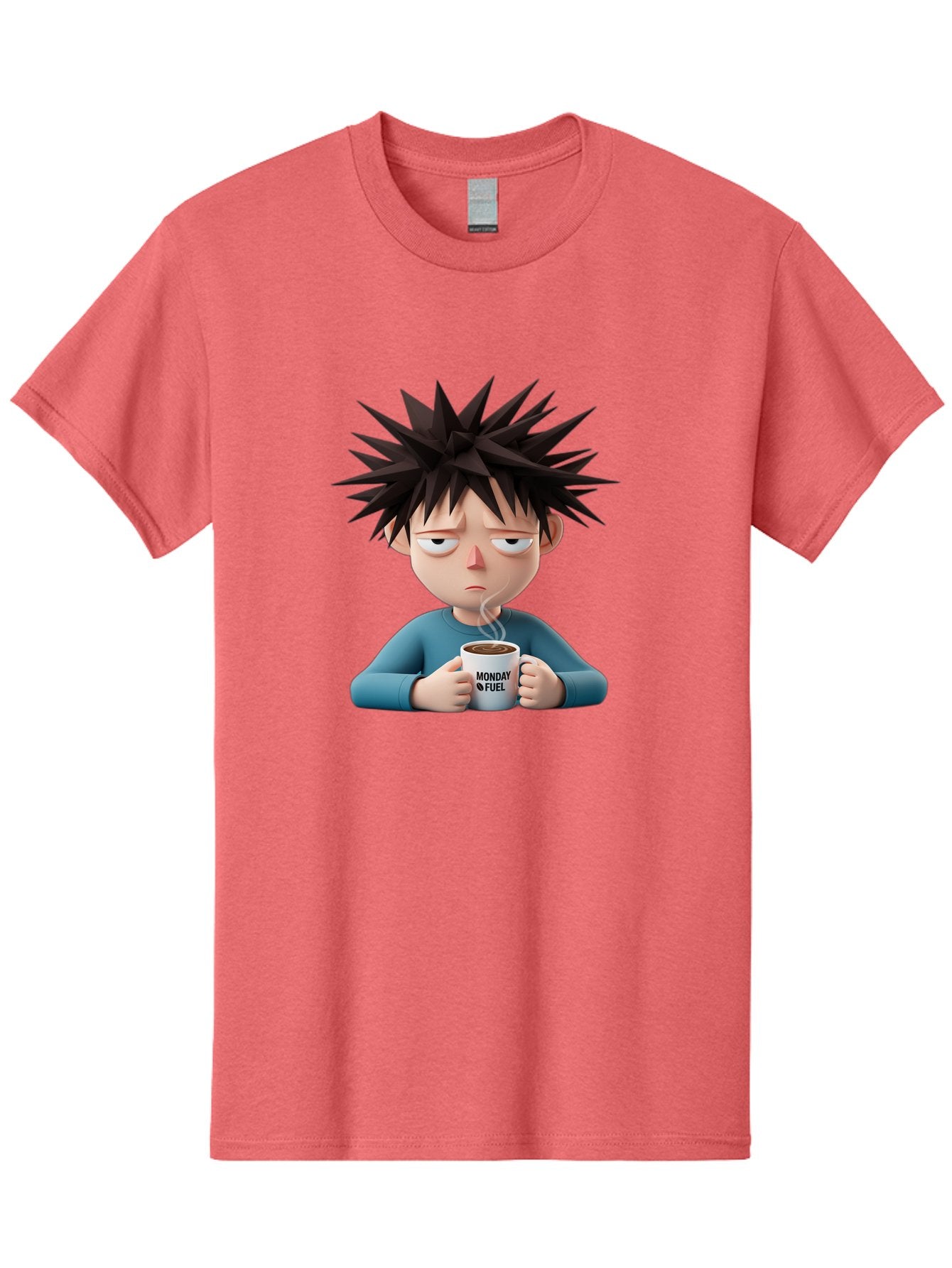 Monday-Fuel Men'S Graphic Tee, 100% Cotton, Comfortable Casual Summer Wear, Machine Washable, Cartoon Character, Monday Blues, Coffee Mug, Morning Motivation, Steam Rising, Blue Shirt, Messy Hair, Humorous Art, Coffee Culture, Morning Routine Bae532 15
