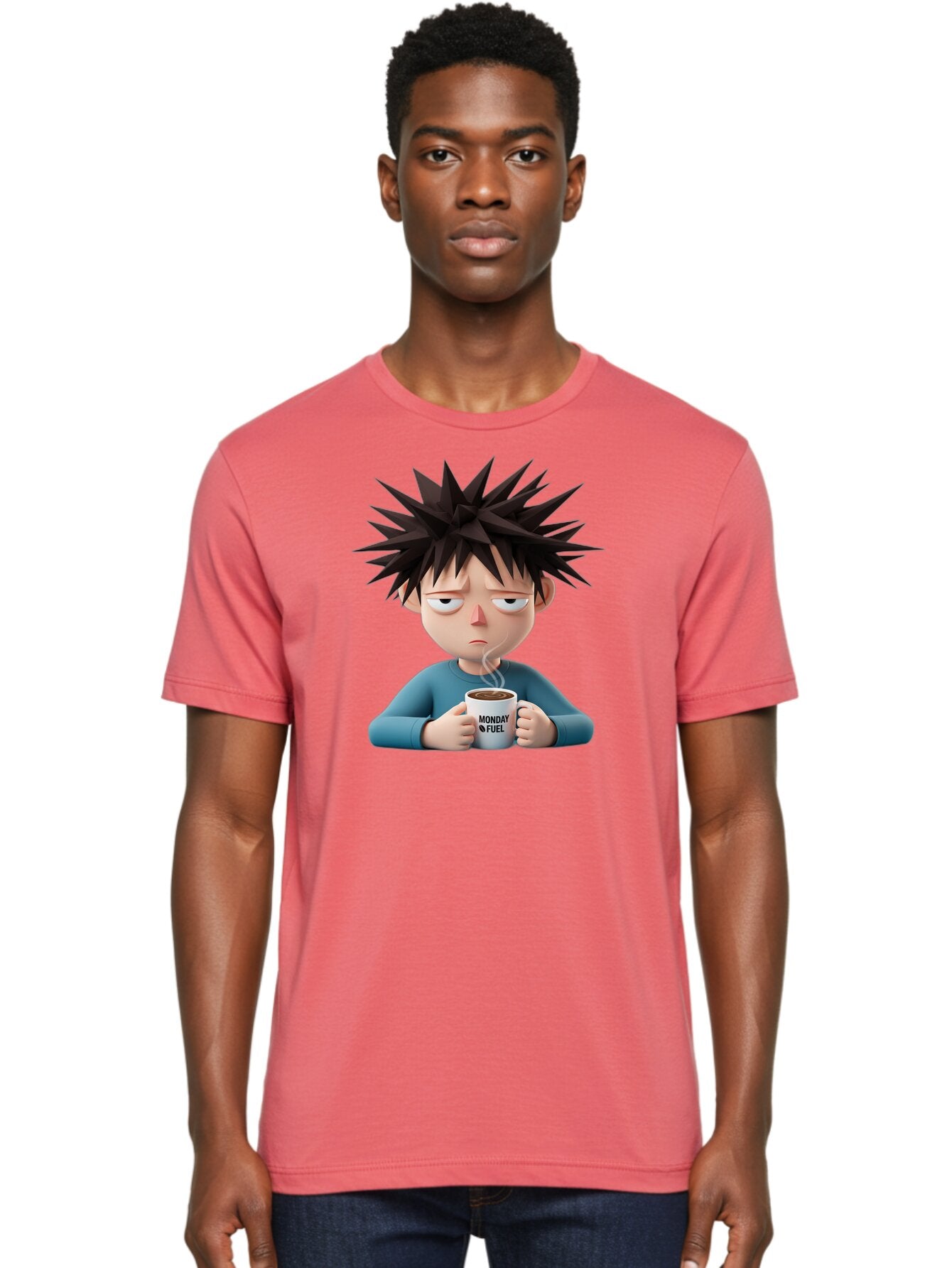 Monday-Fuel Men'S Graphic Tee, 100% Cotton, Comfortable Casual Summer Wear, Machine Washable, Cartoon Character, Monday Blues, Coffee Mug, Morning Motivation, Steam Rising, Blue Shirt, Messy Hair, Humorous Art, Coffee Culture, Morning Routine Bae532 30