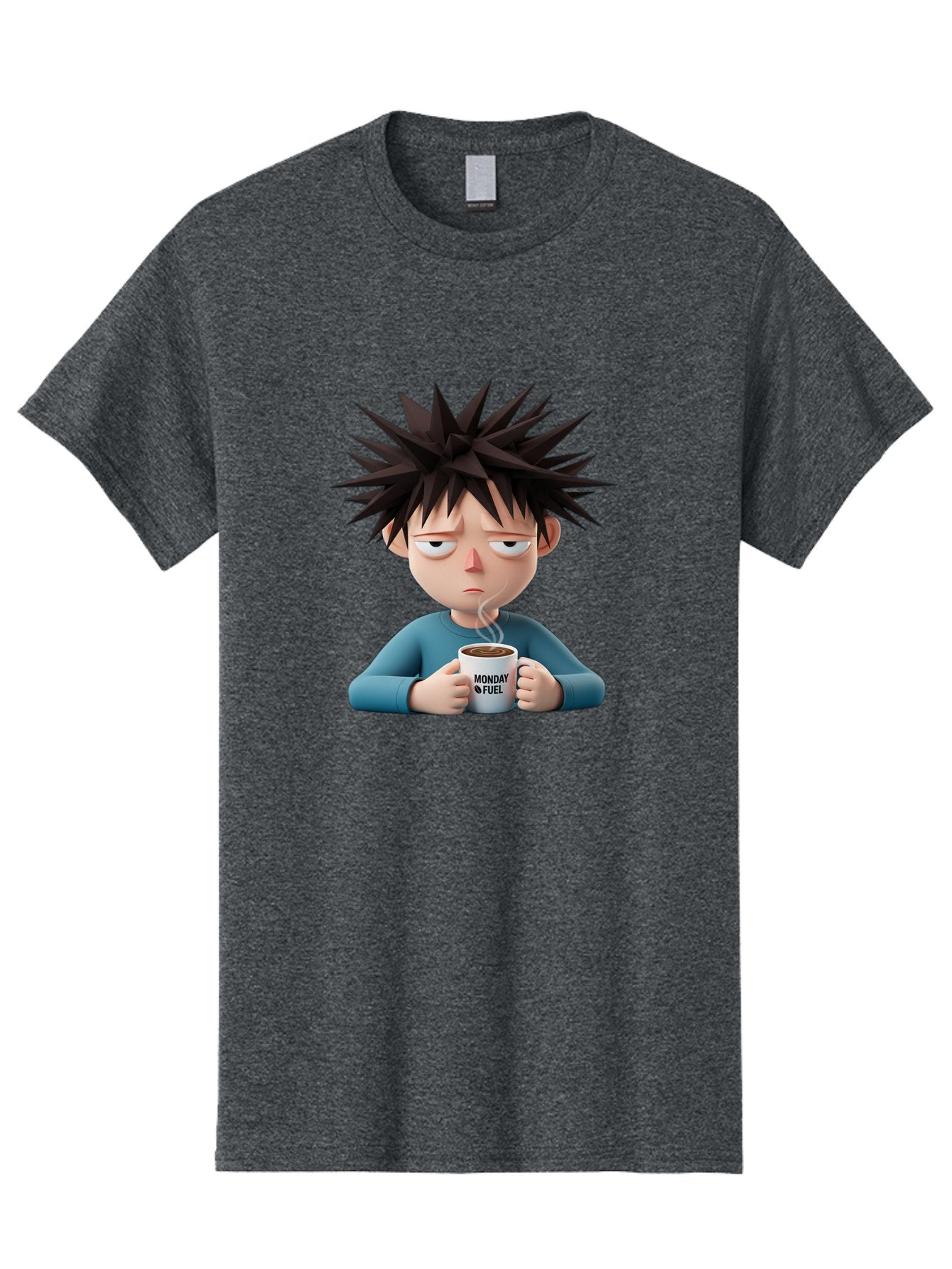 Monday-Fuel Men'S Graphic Tee, 100% Cotton, Comfortable Casual Summer Wear, Machine Washable, Cartoon Character, Monday Blues, Coffee Mug, Morning Motivation, Steam Rising, Blue Shirt, Messy Hair, Humorous Art, Coffee Culture, Morning Routine Bae532 8