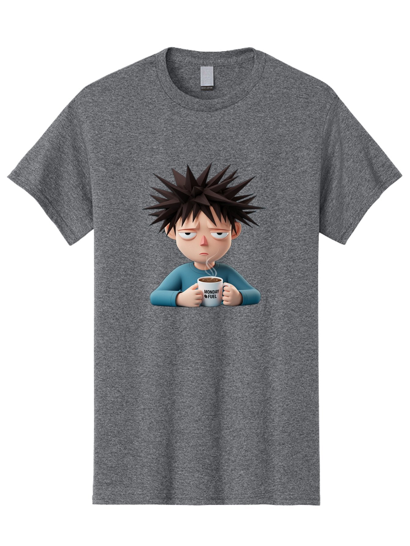 Monday-Fuel Men'S Graphic Tee, 100% Cotton, Comfortable Casual Summer Wear, Machine Washable, Cartoon Character, Monday Blues, Coffee Mug, Morning Motivation, Steam Rising, Blue Shirt, Messy Hair, Humorous Art, Coffee Culture, Morning Routine Bae532 6