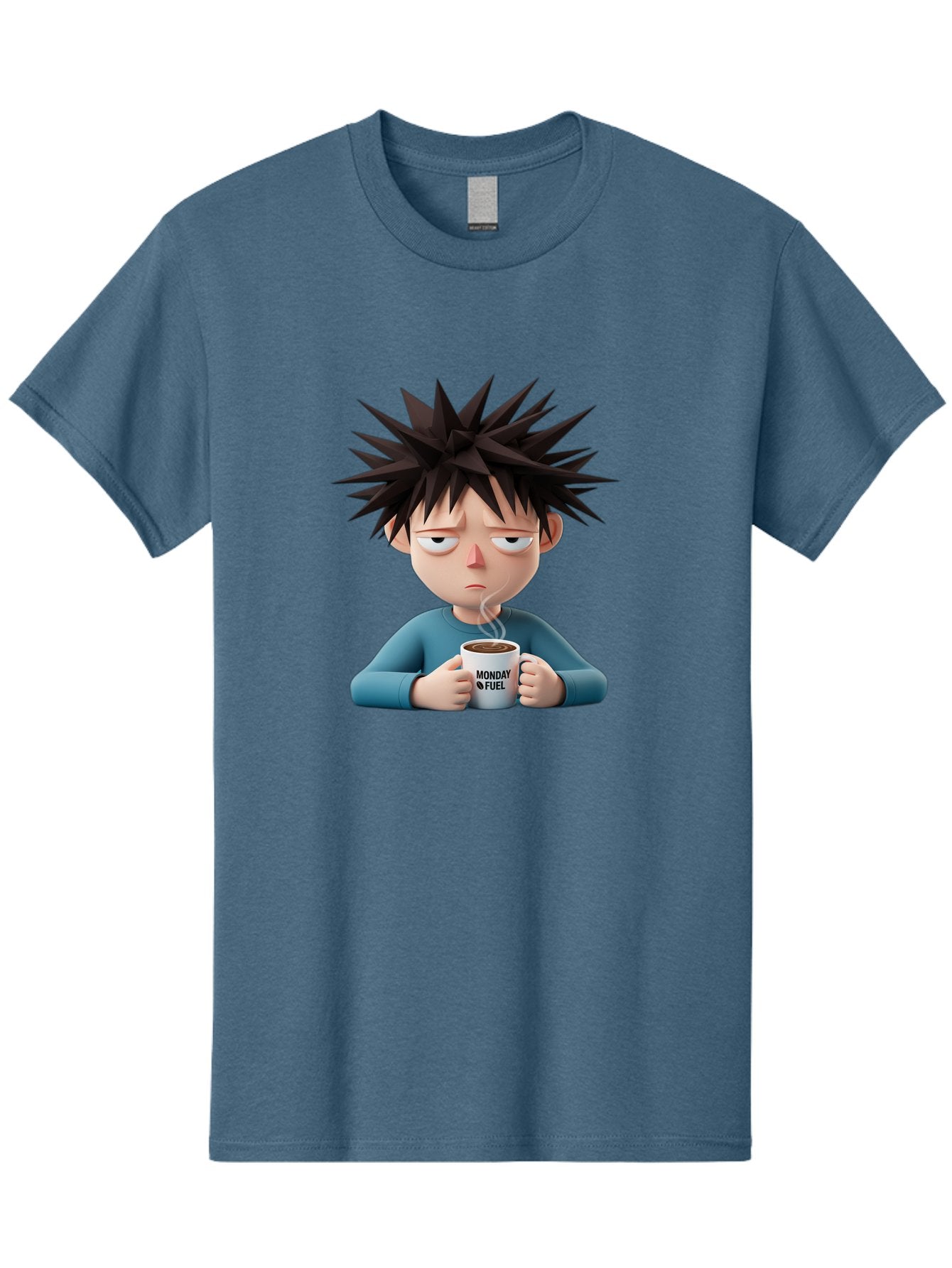 Monday-Fuel Men'S Graphic Tee, 100% Cotton, Comfortable Casual Summer Wear, Machine Washable, Cartoon Character, Monday Blues, Coffee Mug, Morning Motivation, Steam Rising, Blue Shirt, Messy Hair, Humorous Art, Coffee Culture, Morning Routine Bae532 7